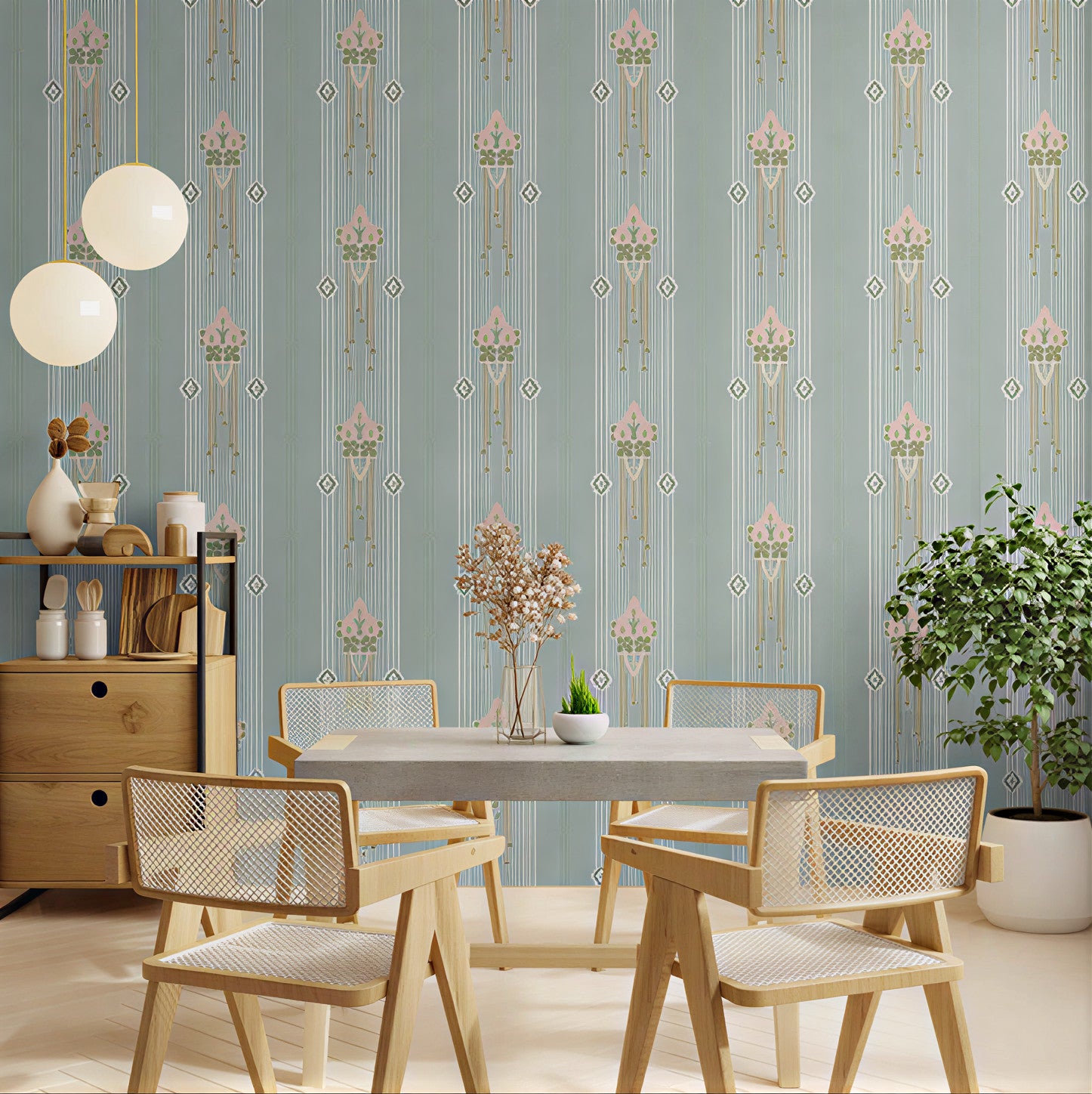 Vertical striped floral wallpaper with repeating botanical forms and muted pastel tones