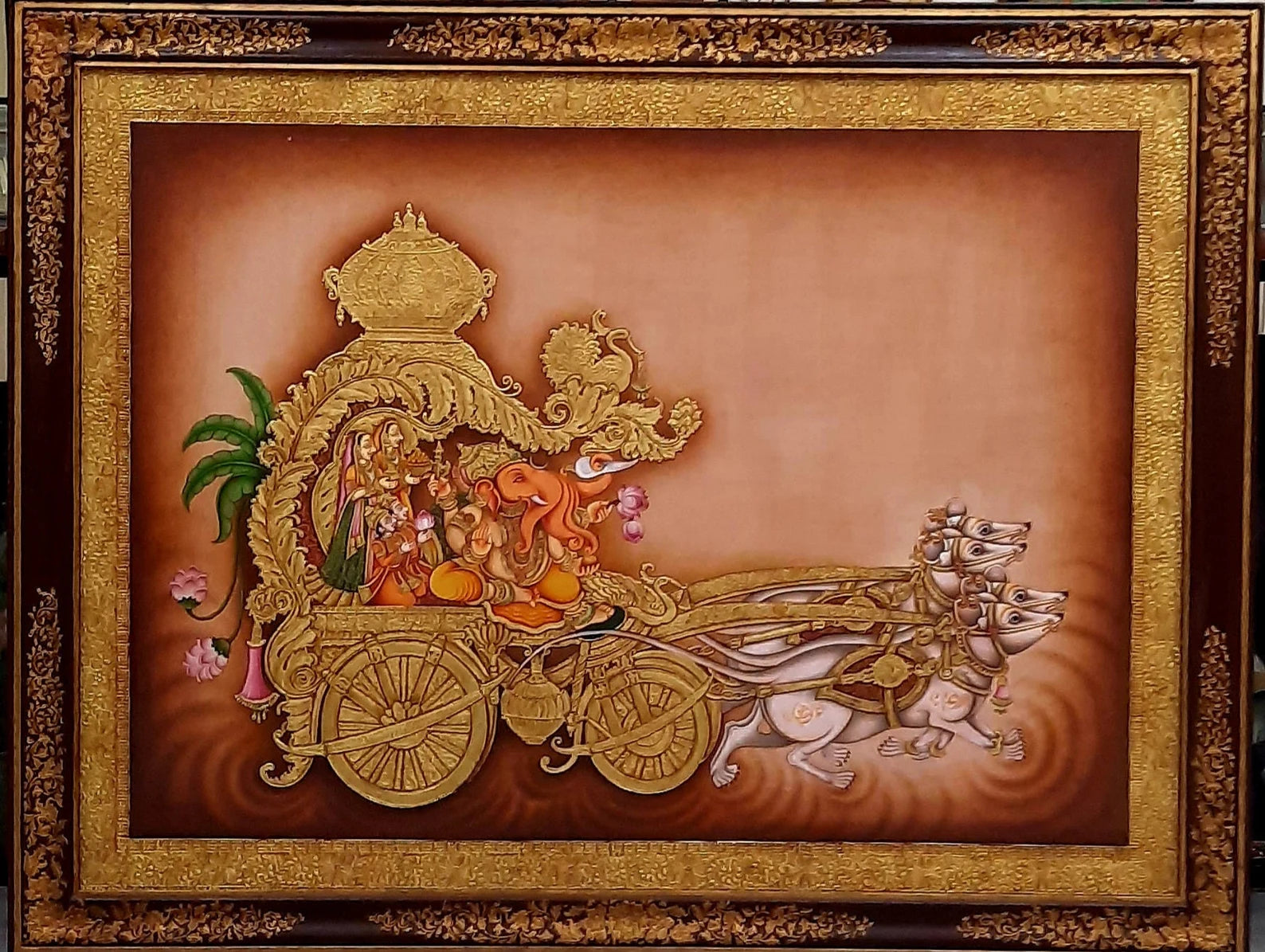 Lord Ganesha Tanjore painting with ornate gold foil detailing in traditional South Indian style