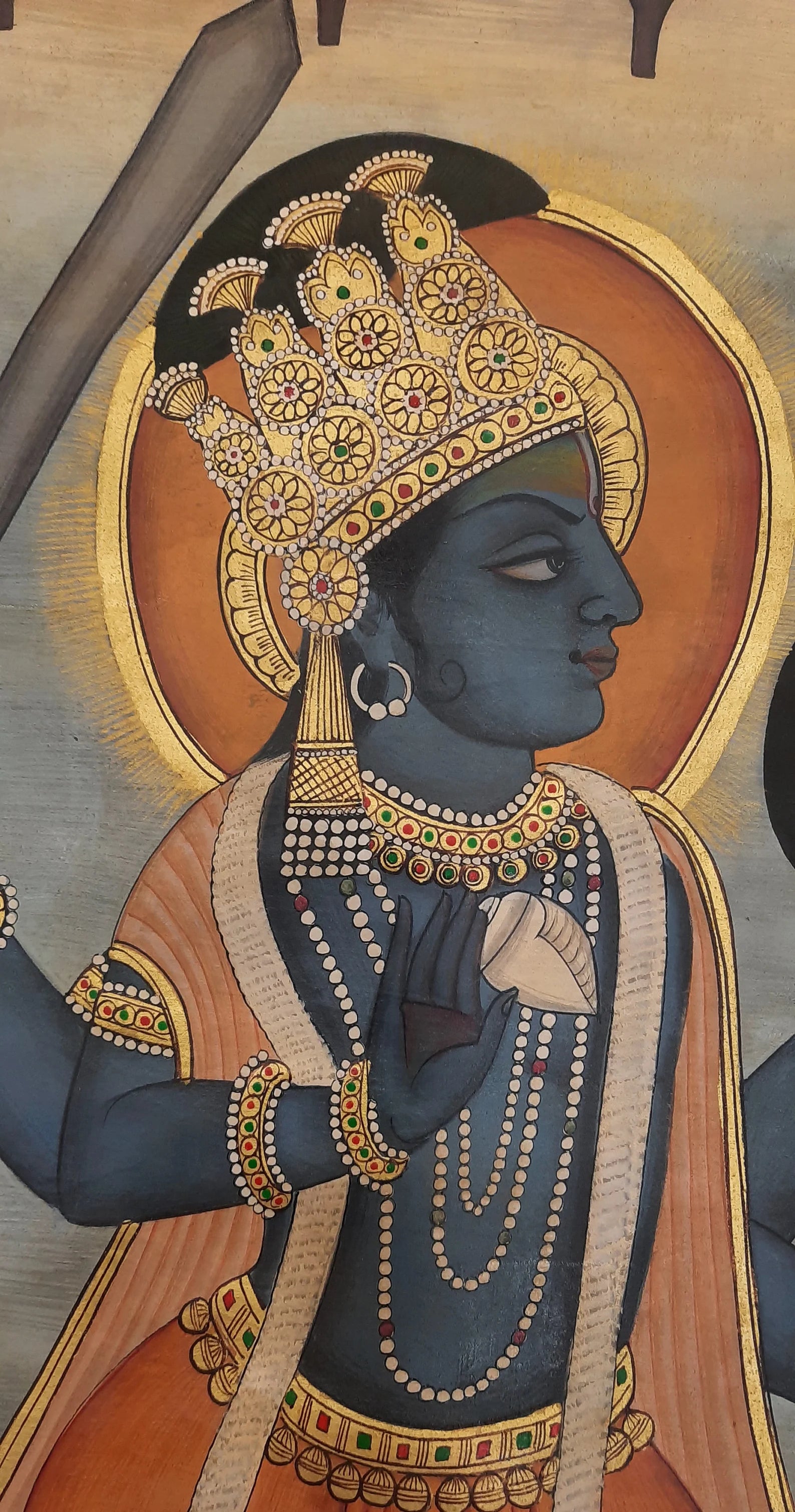 Detailed Indian painting of Lord Vishnu reflecting temple-inspired devotional art style