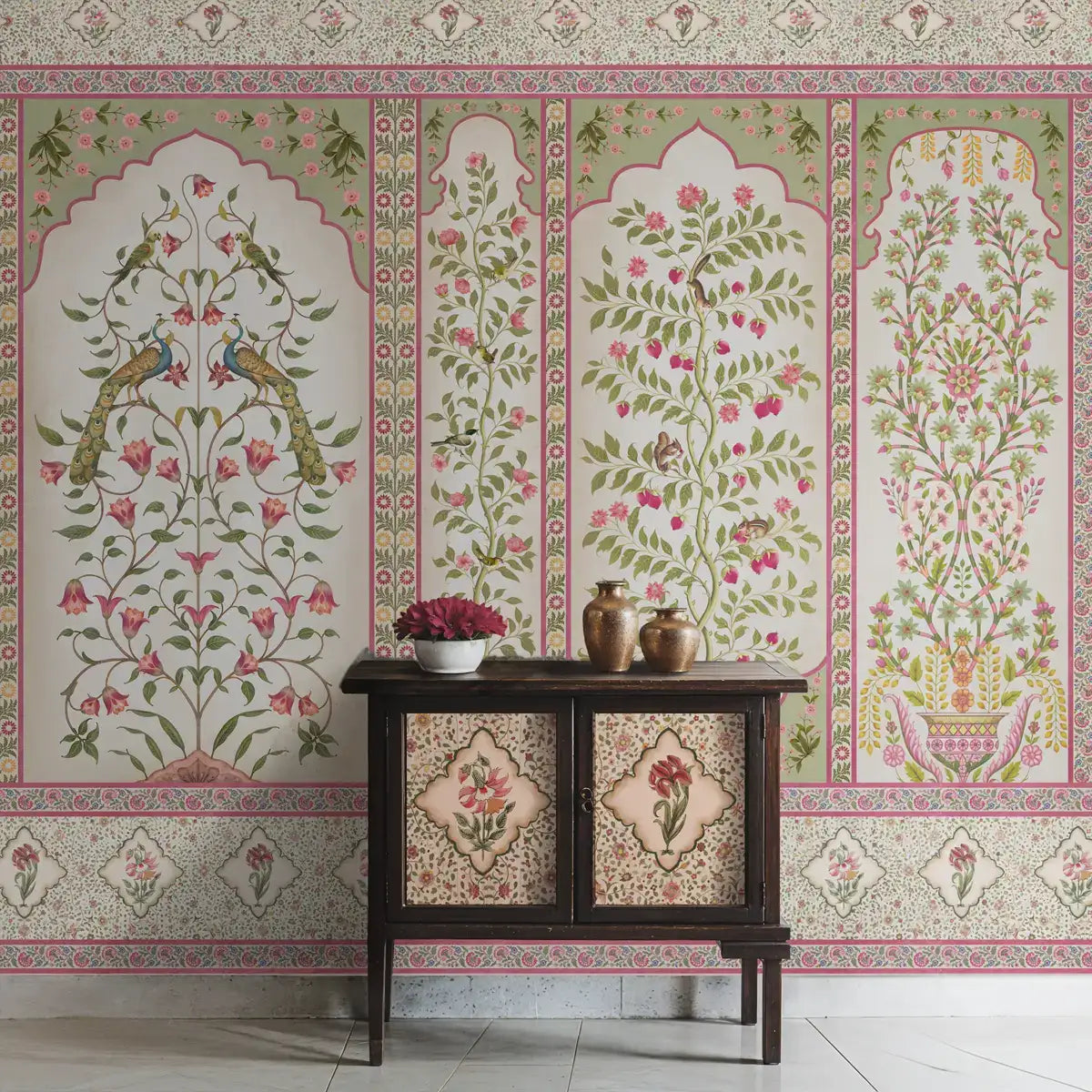 Floral haven inspired wall design featuring Madhuban motifs in soft pink tones with lush blossoms and a serene garden aesthetic