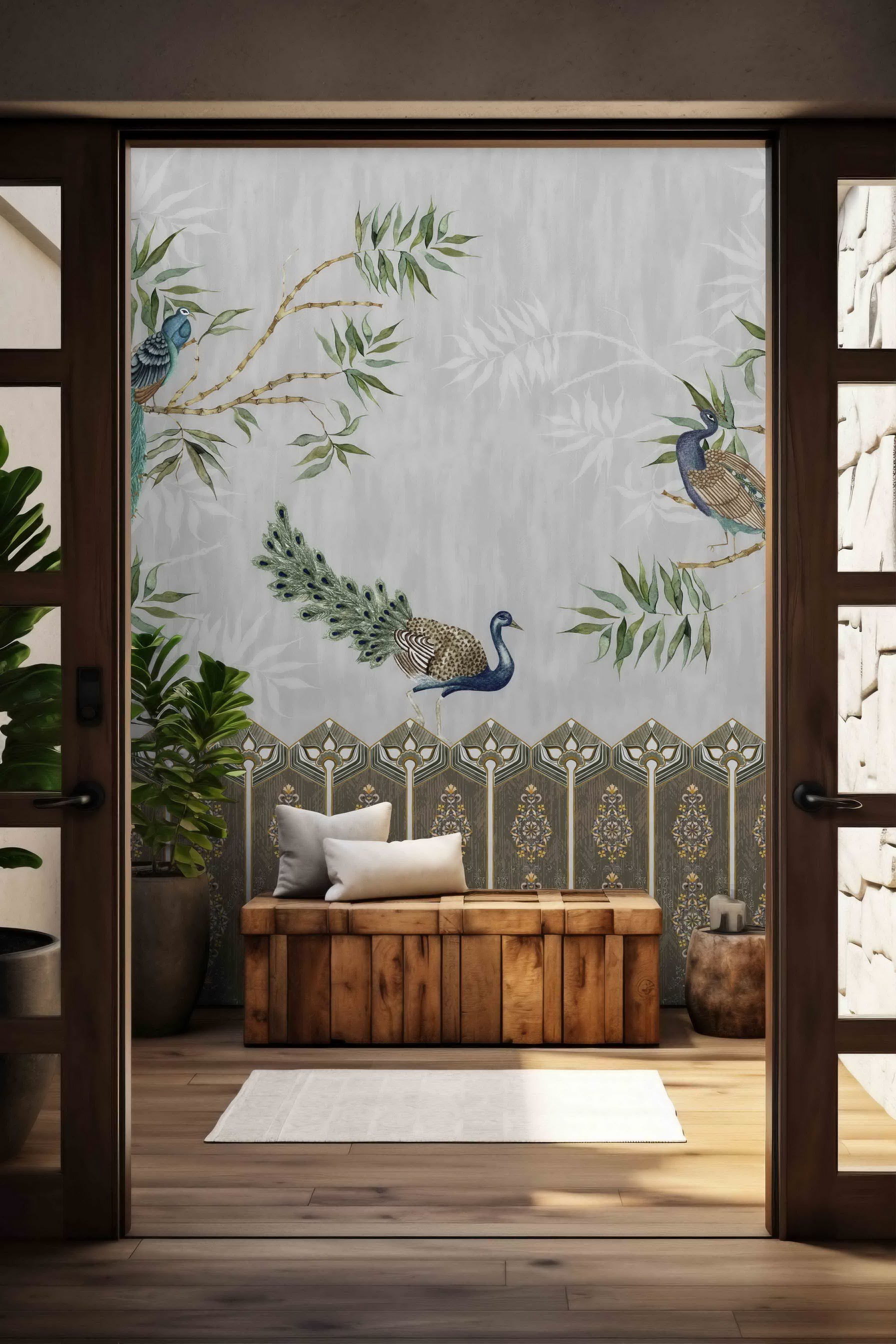 Majestic Perch Peacock wallpaper - Customized traditional animal wallpaper with peacocks