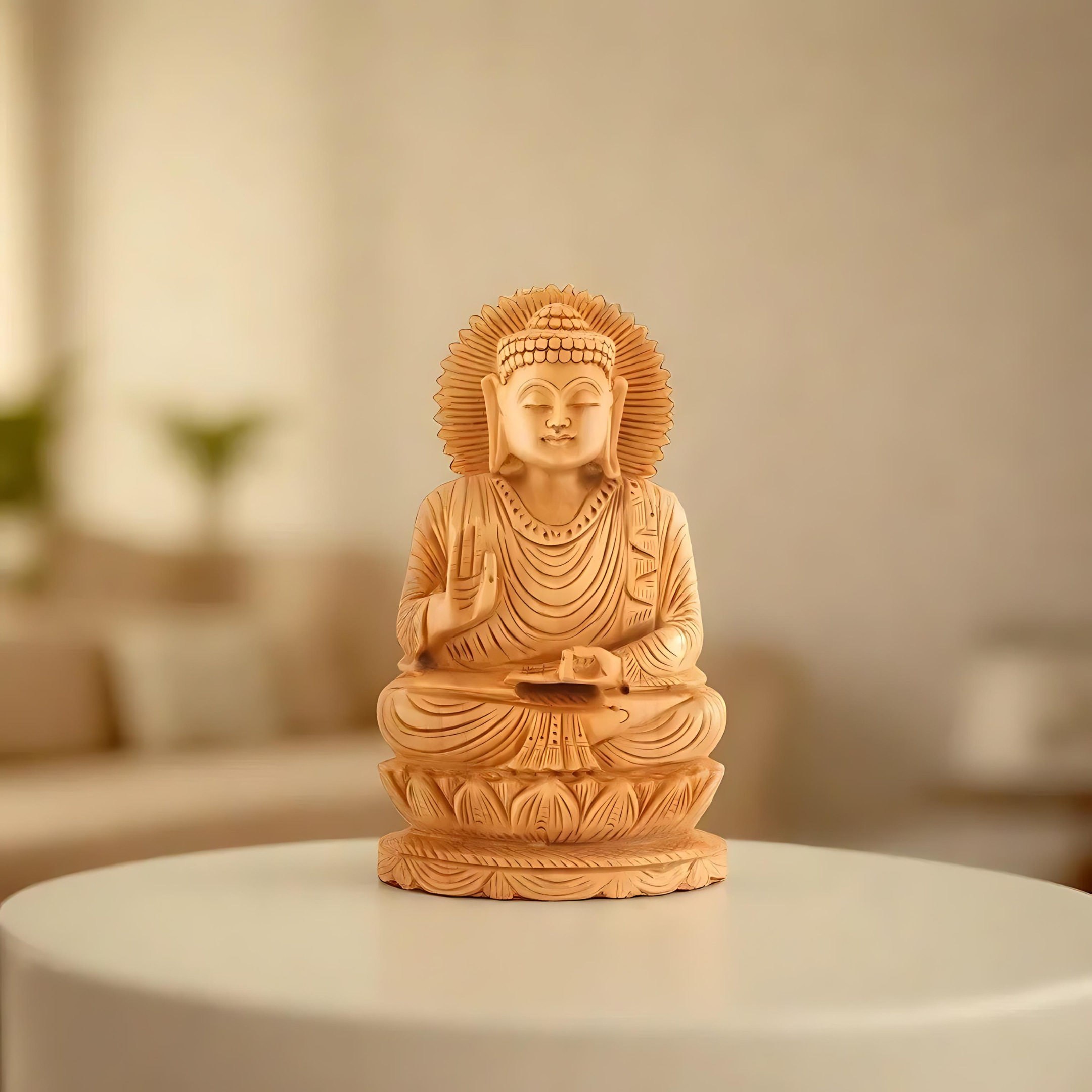 Wooden meditating Buddha sculpture showcasing calm expression and natural wood texture for peaceful interiors