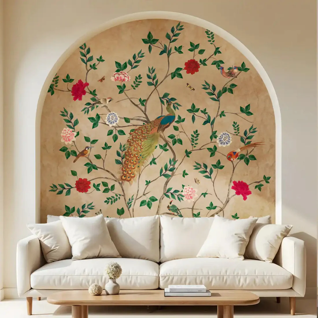 Traditional Mughal floral wallpaper with peacock, vermilion and jade tones in classic Indian art style