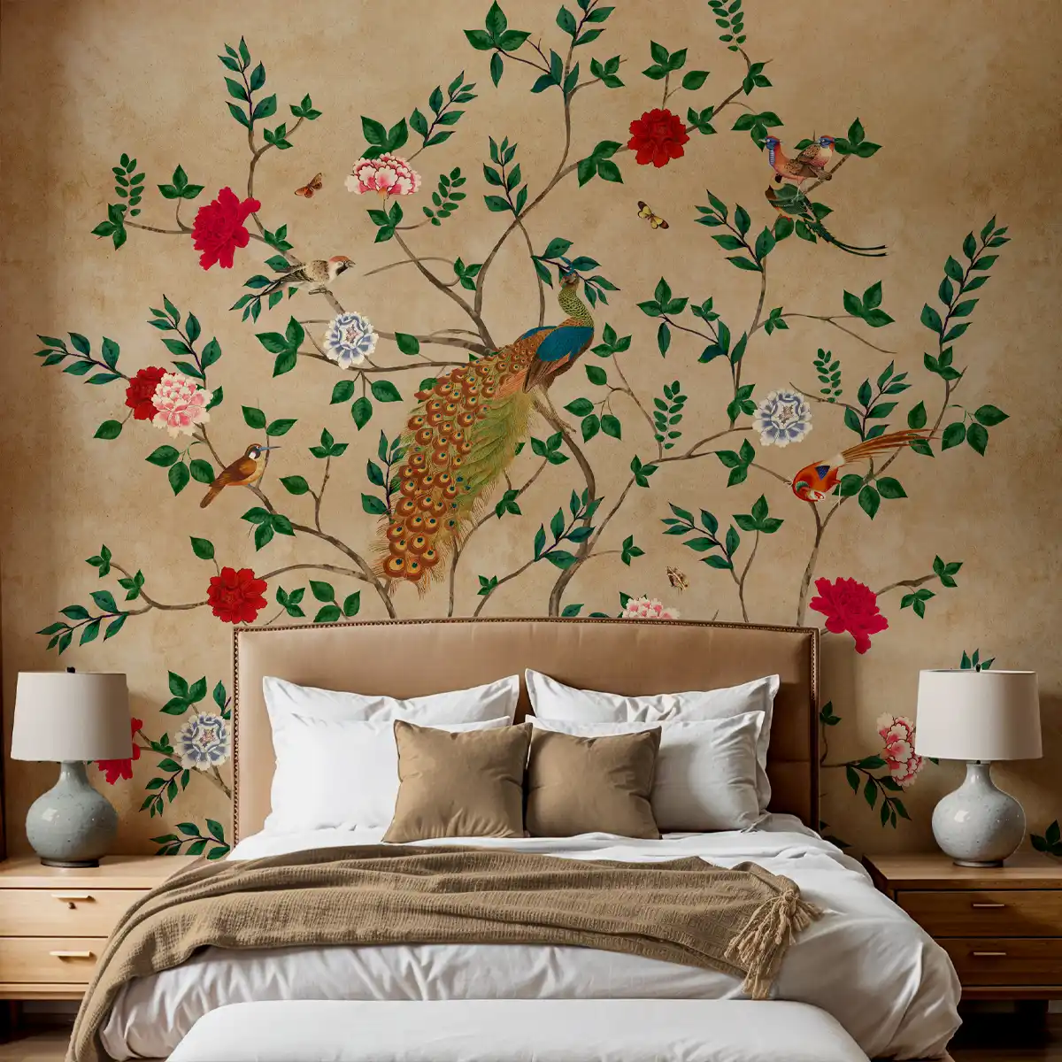 Heritage floral wallpaper featuring peacock and blooming flowers inspired by Indian miniature painting