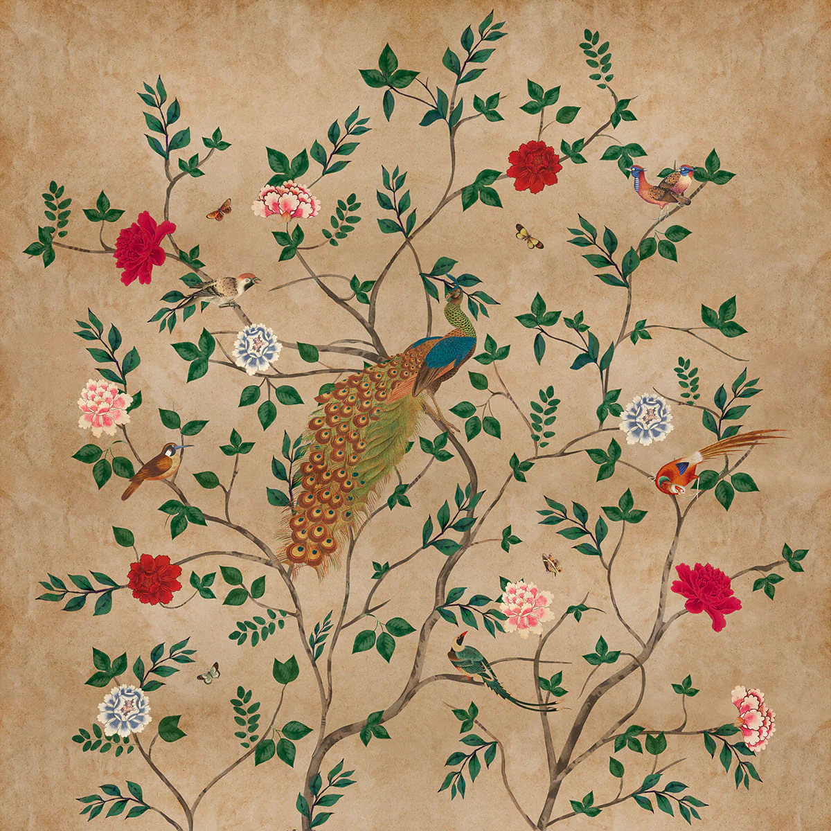 Mughal-inspired floral wallpaper with peacock motif, hand-painted style flowers and foliage on parchment beige base