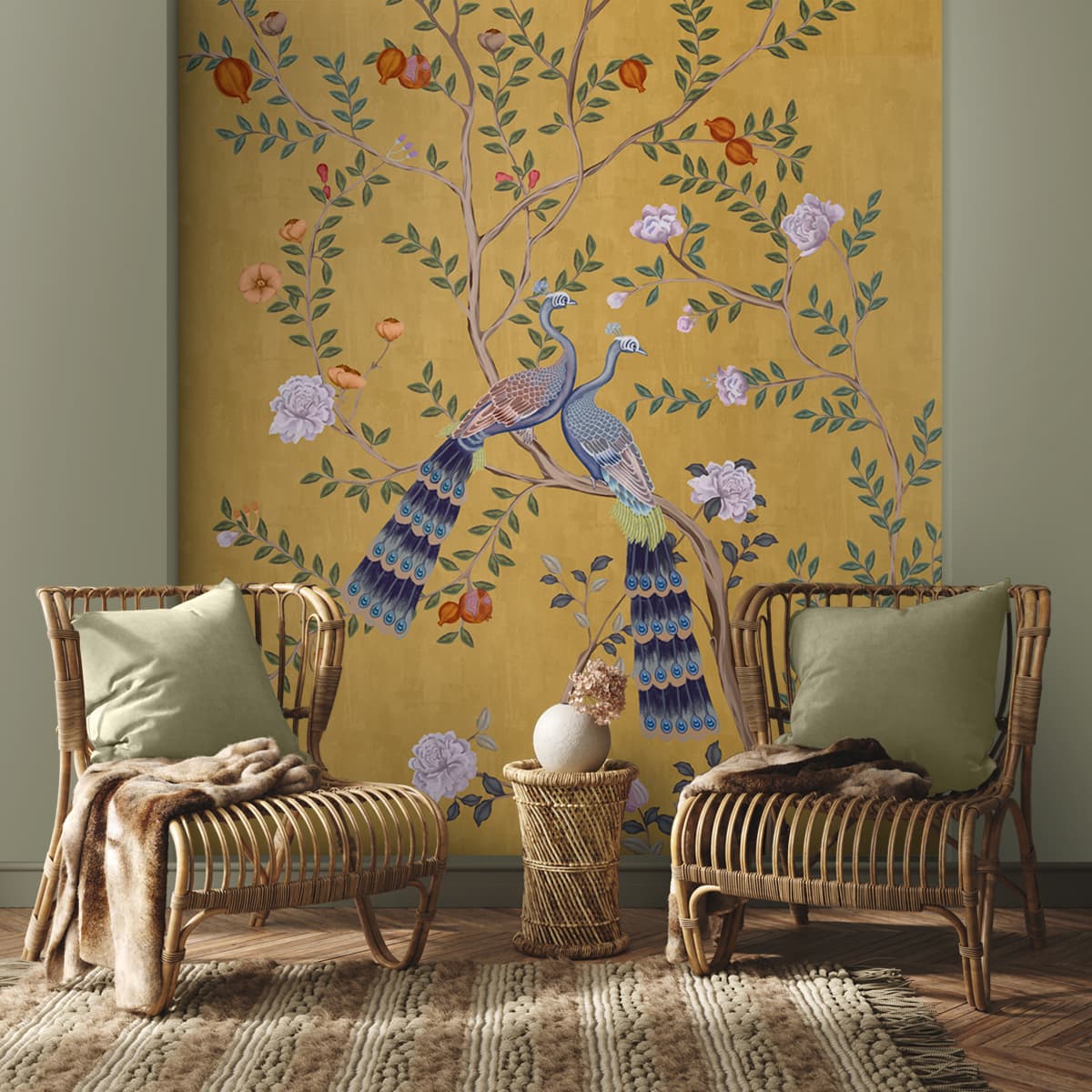 Peacock and floral wallpaper installed on a wall showing overall pattern scale