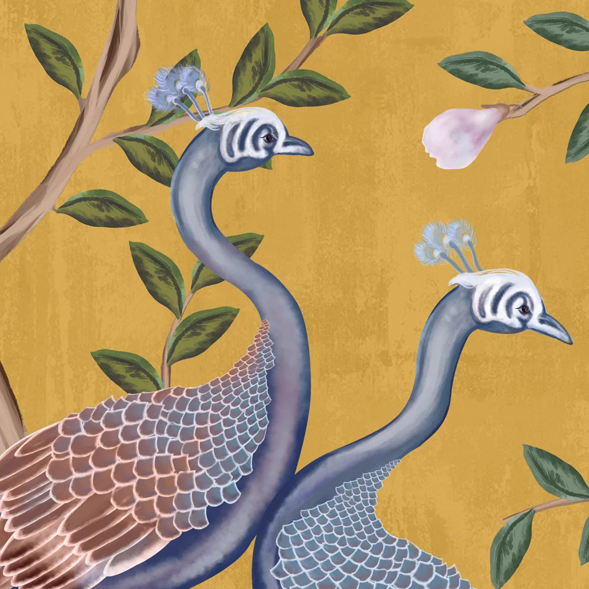 Close-up of peacock wallpaper highlighting feather detailing and floral motifs