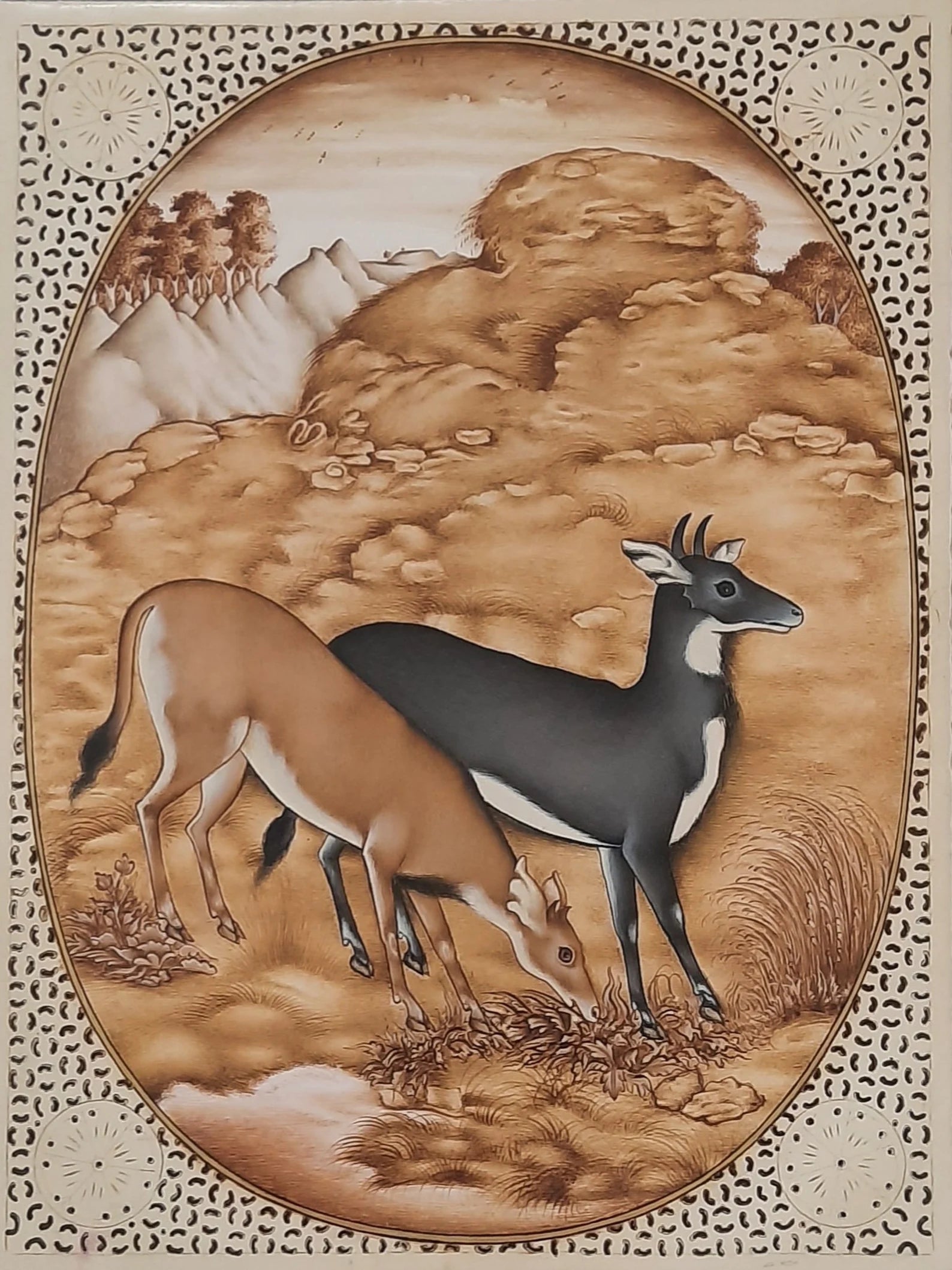 Mughal miniature artwork depicting a royal animal scene rendered in traditional style