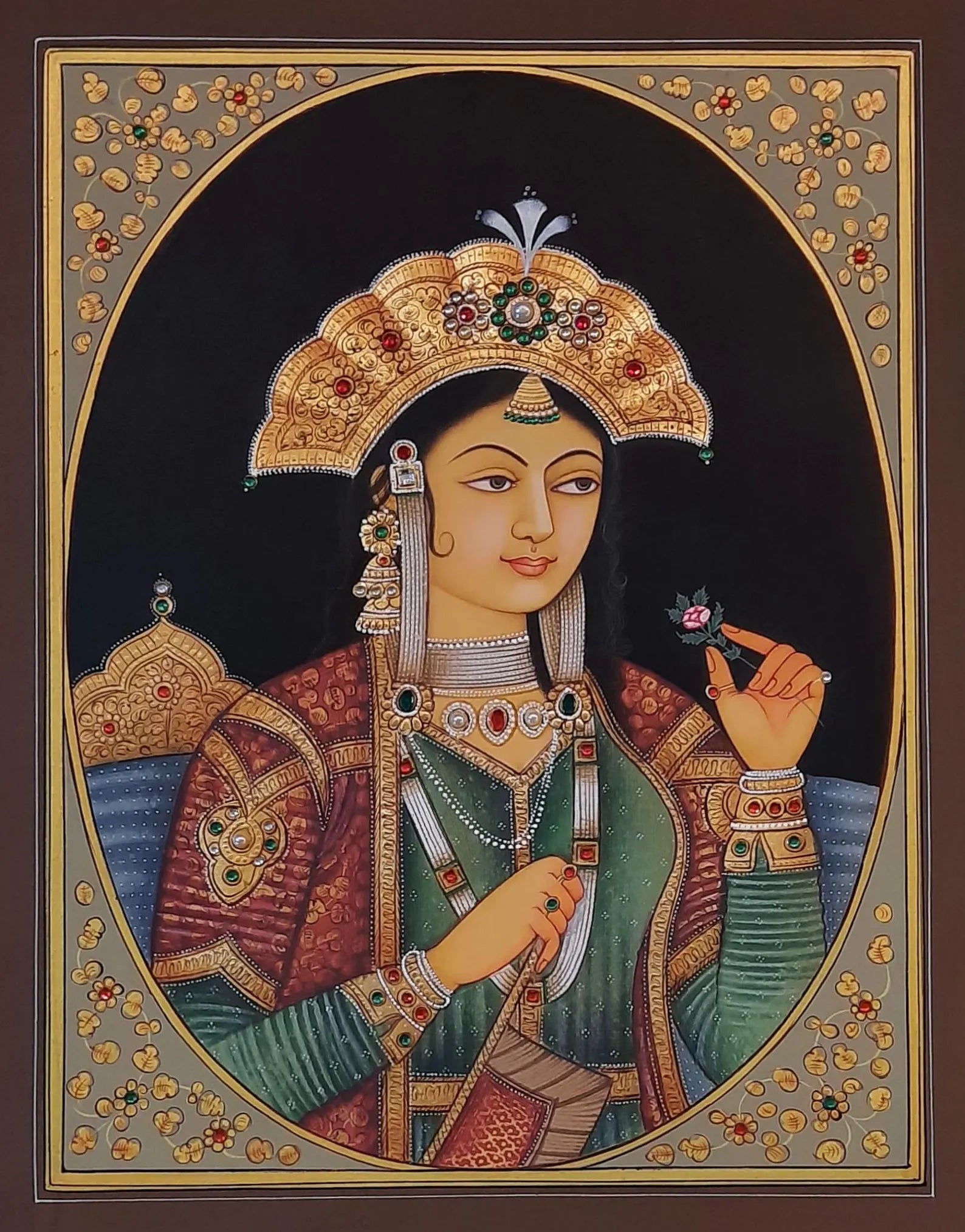 Hand-painted Mughal miniature portrait of a queen with ornate jewellery and attire