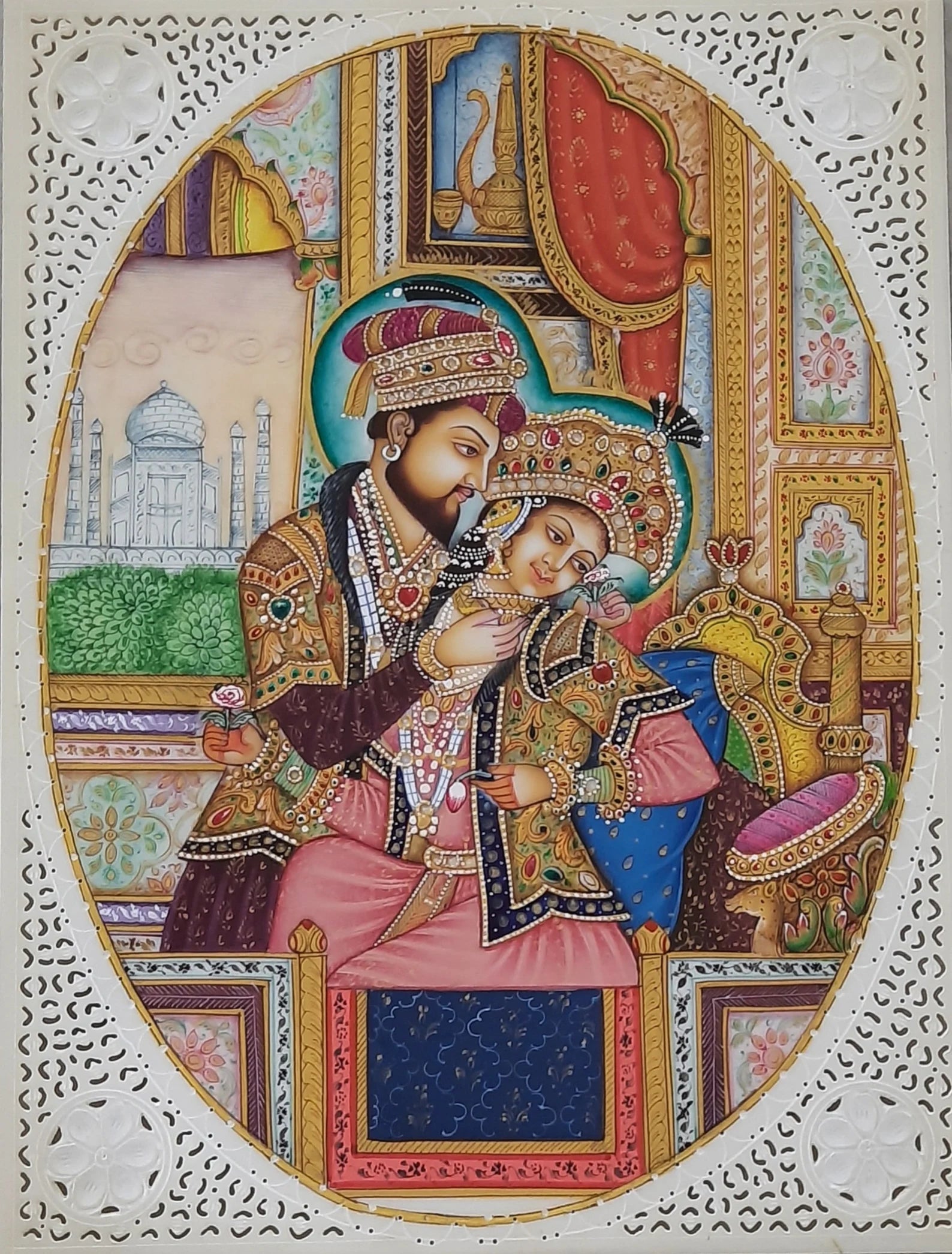 Mughal miniature painting illustrating a royal court interaction with detailed architecture