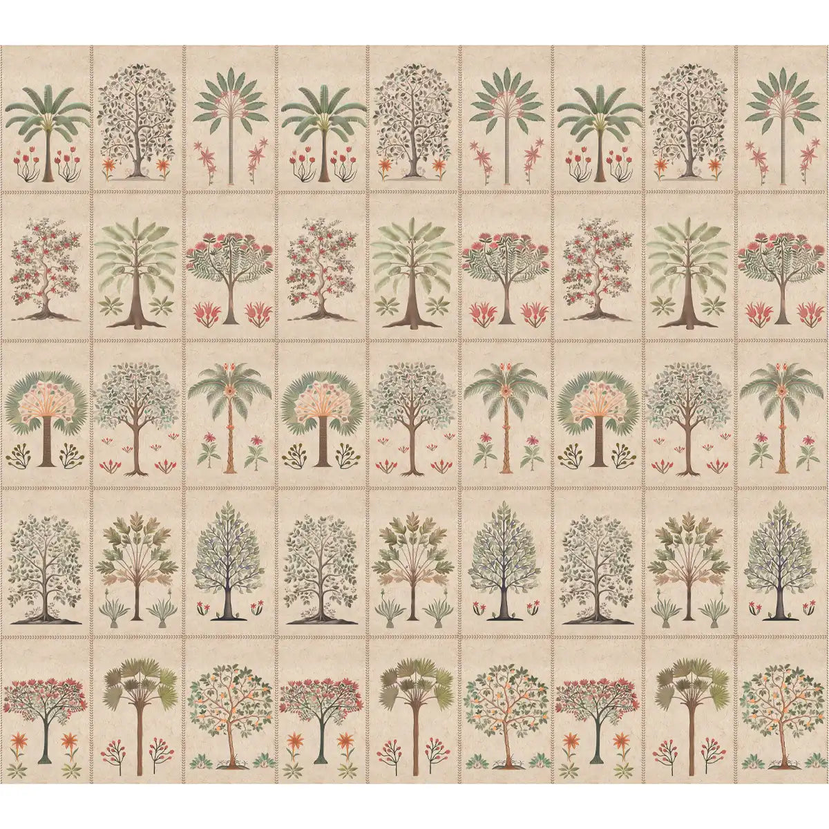 Nature-inspired Indian botanical wallpaper with soft florals and foliage, ideal for calm bedrooms, dining spaces, or peaceful living areas.