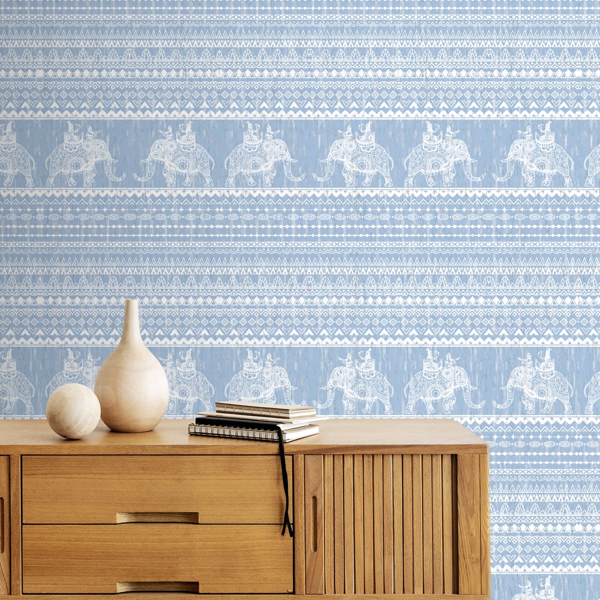 Elephant heritage inspired wall design featuring majestic elephants rendered in deep blue tones with traditional Indian artistry