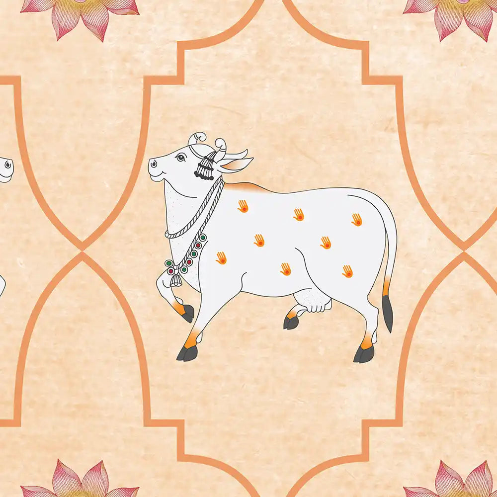 Ornate cattle inspired wall design featuring Gauvandana motifs with detailed bovine forms and traditional Indian decorative artistry