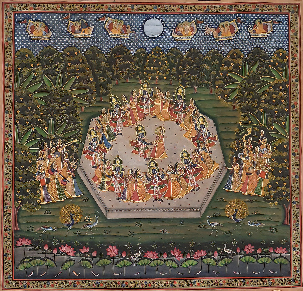 'Radha Krishna Raas Leela Pichwai' In Circle Painting (24k Gold)