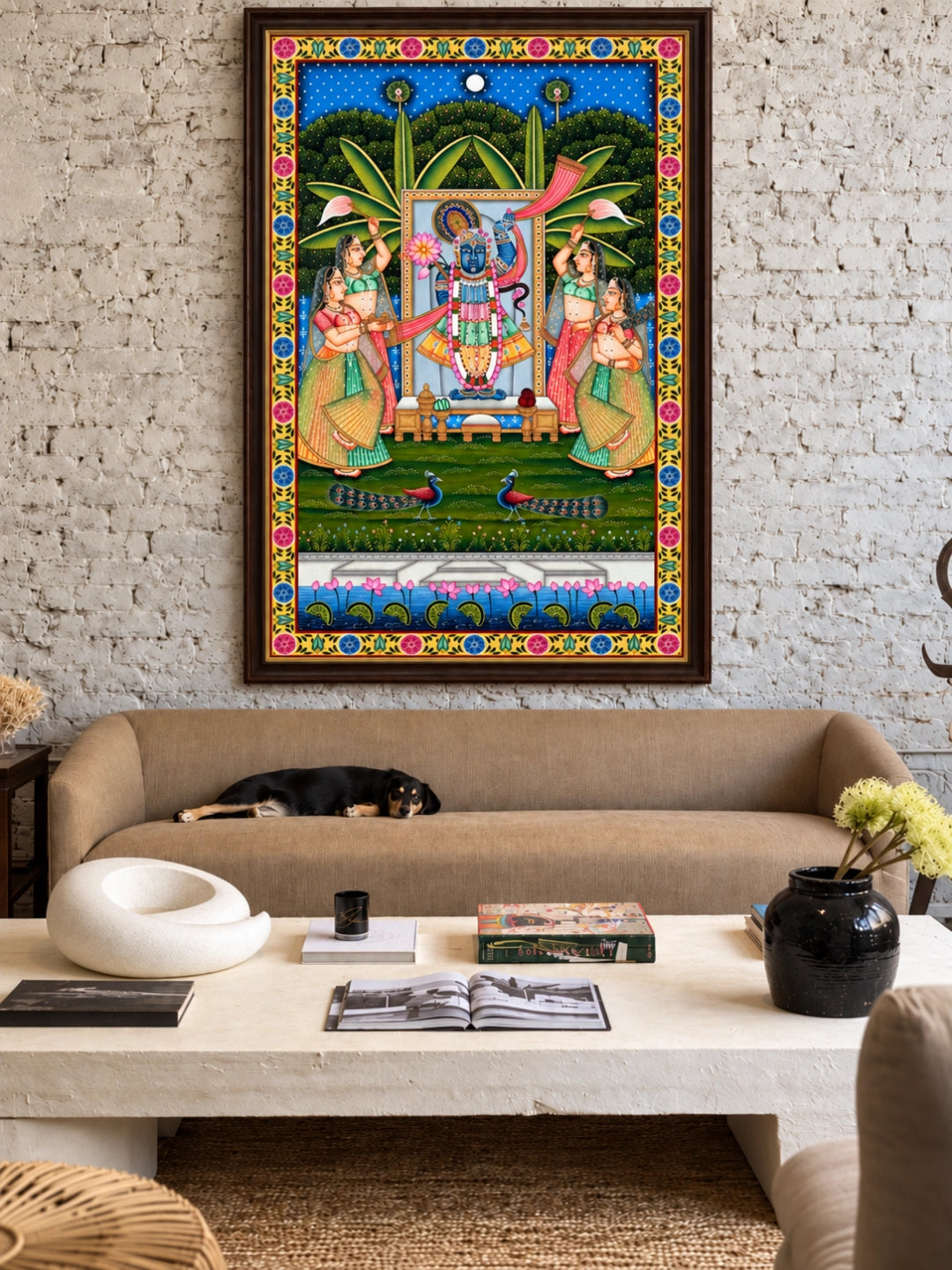 Handpainted – Pichwai – Shrinathji with Four Gopis at the Lotus Ghat