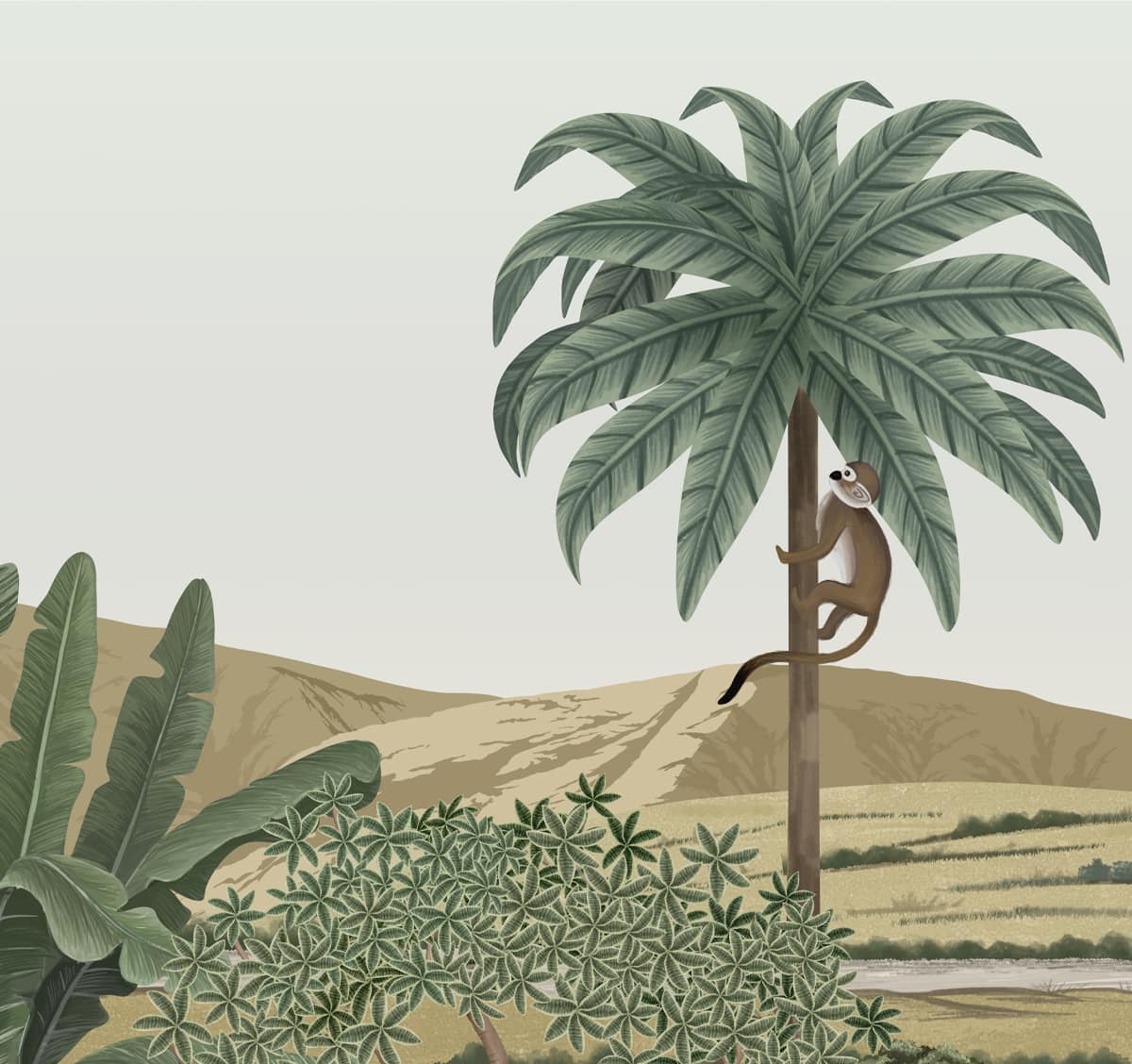 Palm tree tropical wallpaper inspired by Indian landscapes, featuring layered greenery and soft earth tones for relaxed, natural home décor.