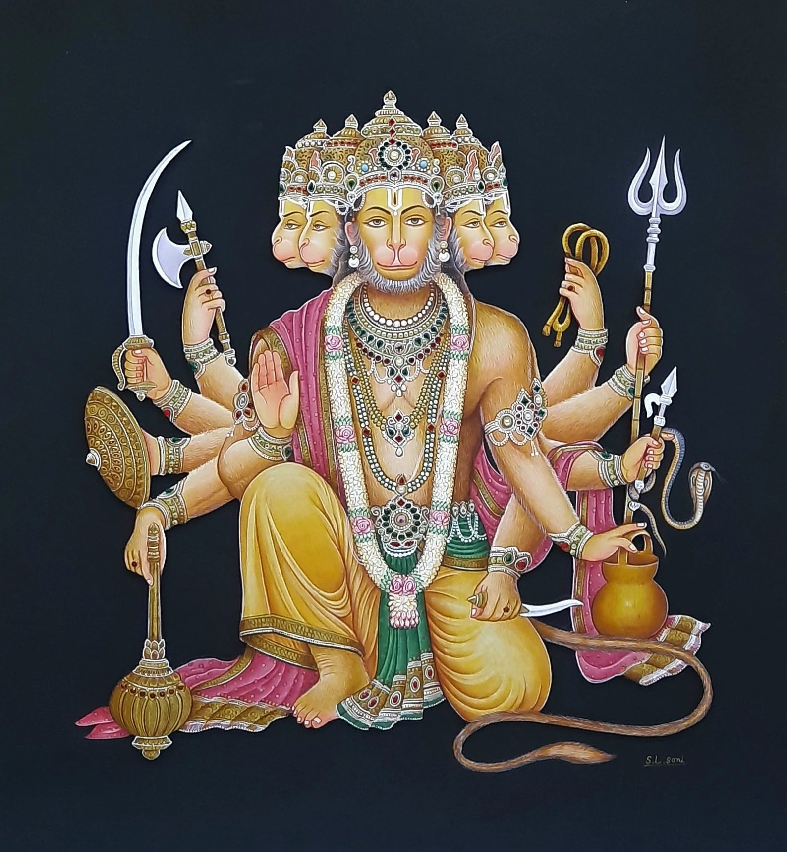 Indian cloth painting of Panchmukhi Hanuman Ji depicting five-faced divine form