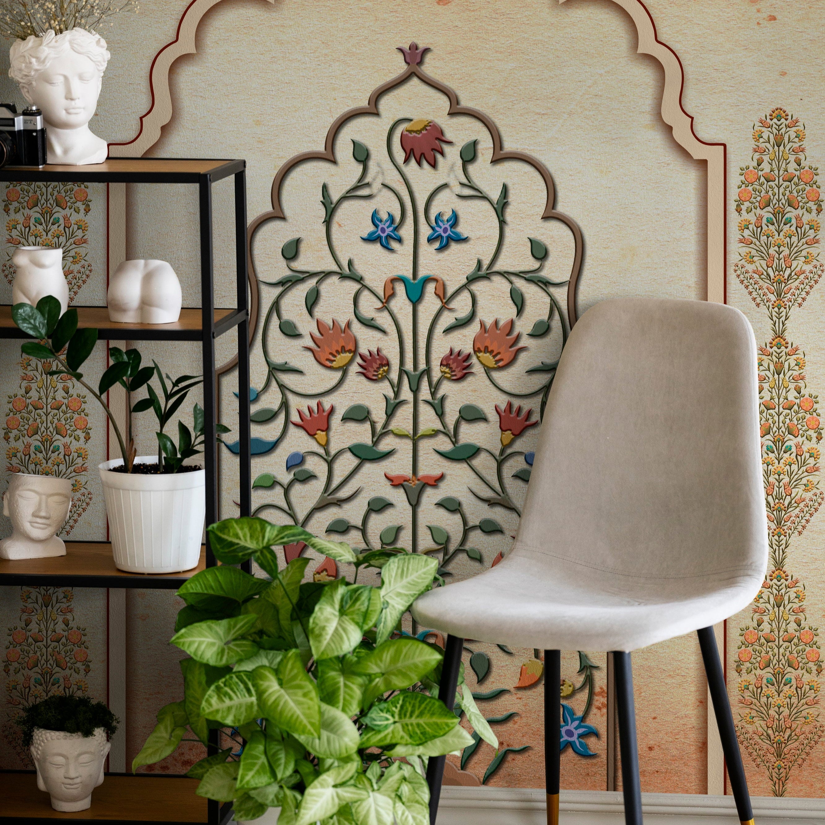 Close-up of Phool Toran floral wallpaper in modern living room - customized traditional floral wallpaper