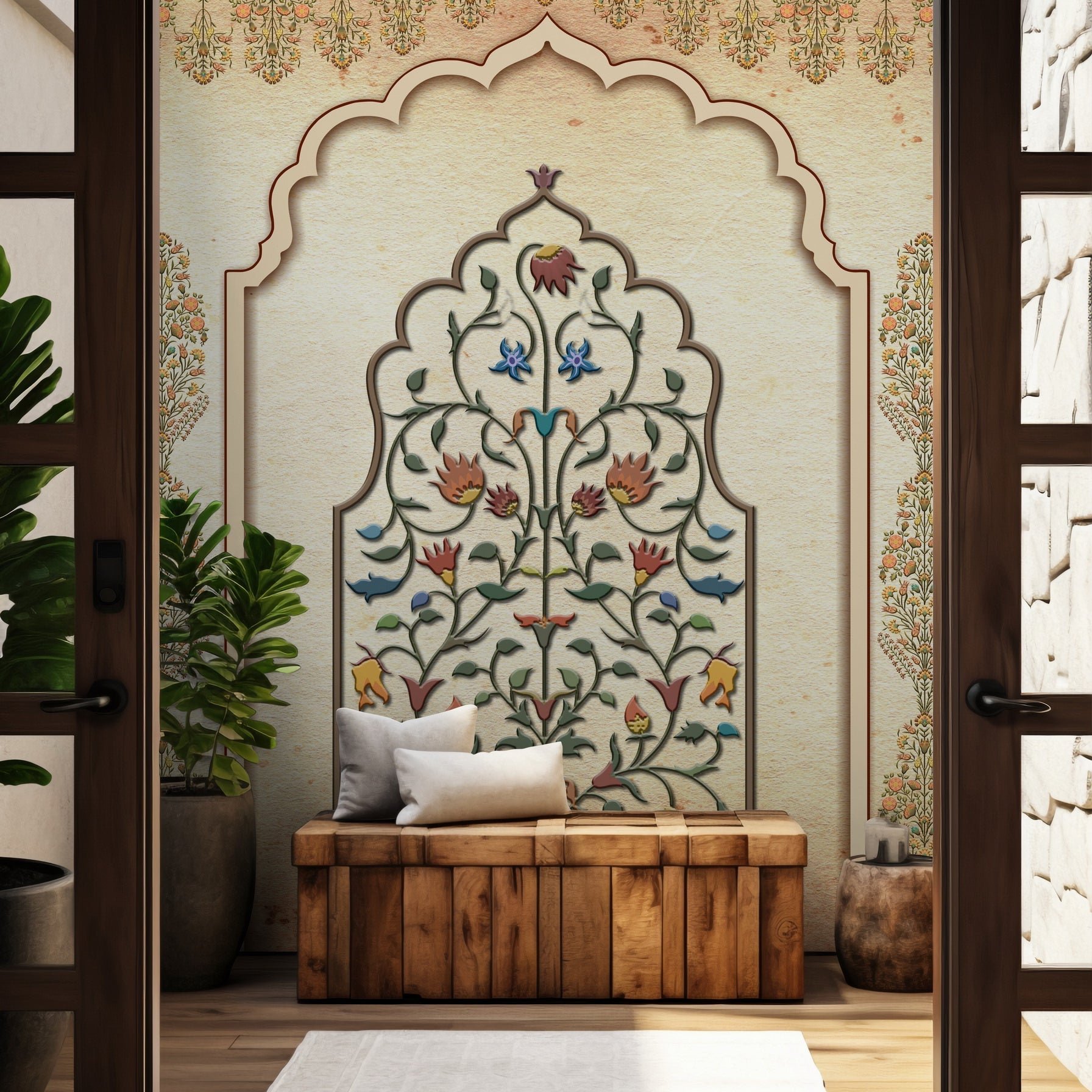 Room setting with Brahm Phool Toran wallpaper - customized indian traditional floral wallpaper
