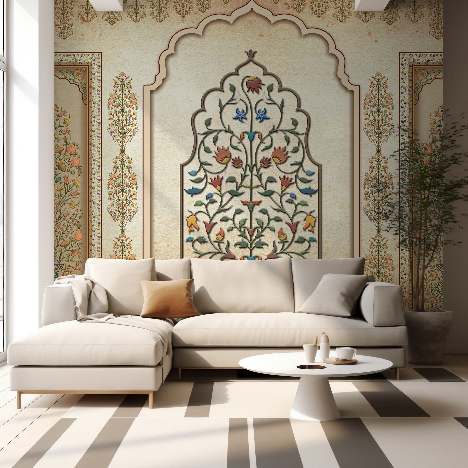 Close-up of Phool Toran wallpaper in modern living room - customized indian traditional floral wallpaper
