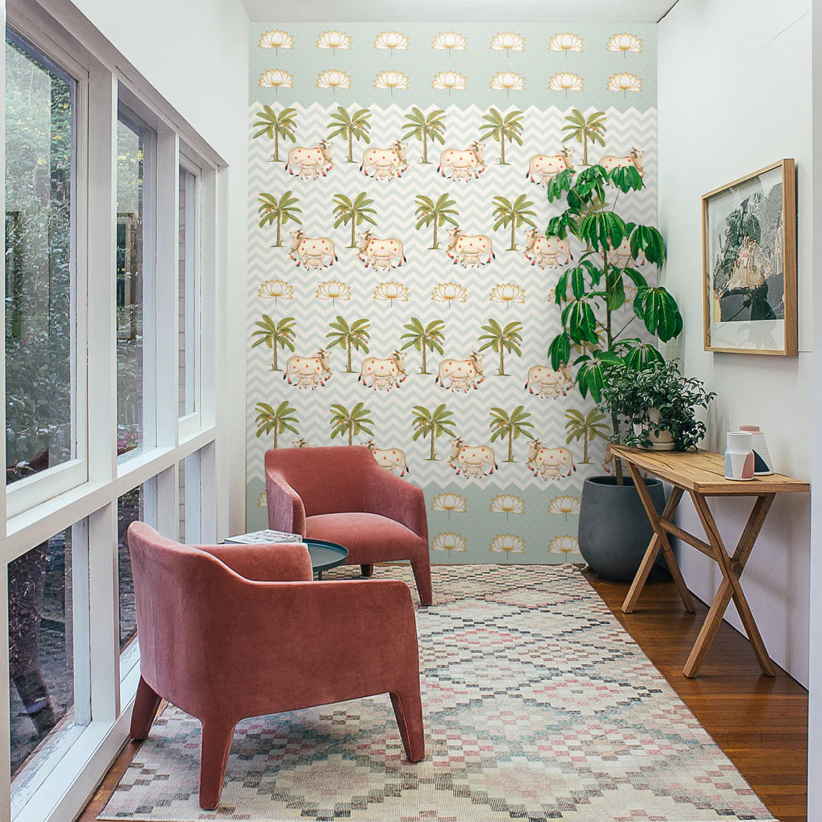 Indian Pichwai cow wall mural styled for a pooja room or prayer space, reflecting devotion, balance, and heritage temple aesthetics.