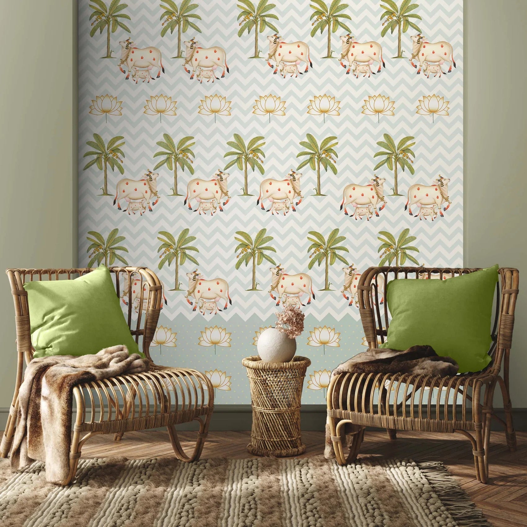 Traditional Pichwai cow wallpaper inspired by Nathdwara temple art, featuring sacred cows and palm motifs for calm spiritual interiors.