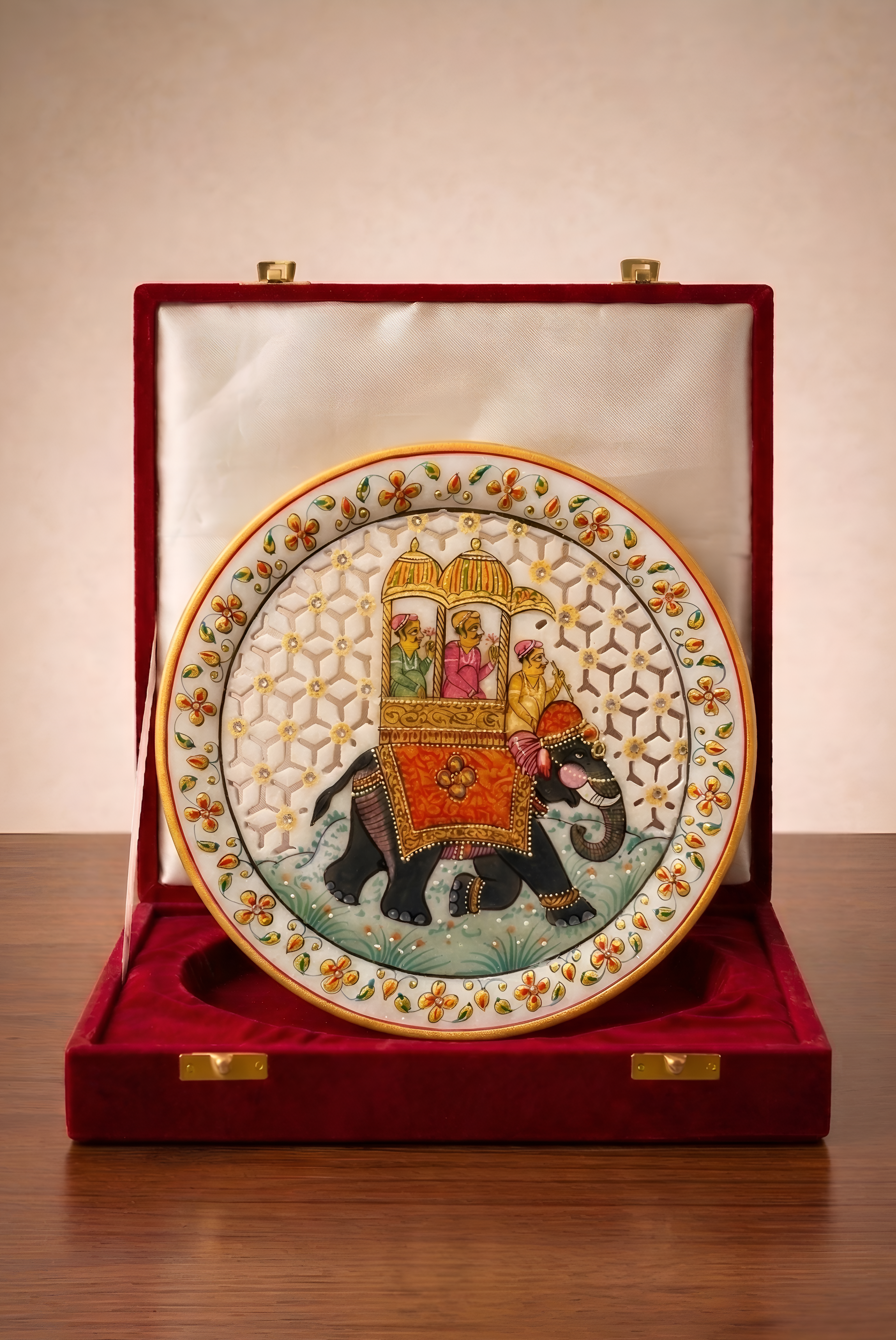 Royal Elephant Procession – Rajasthani Miniature Marble Plate