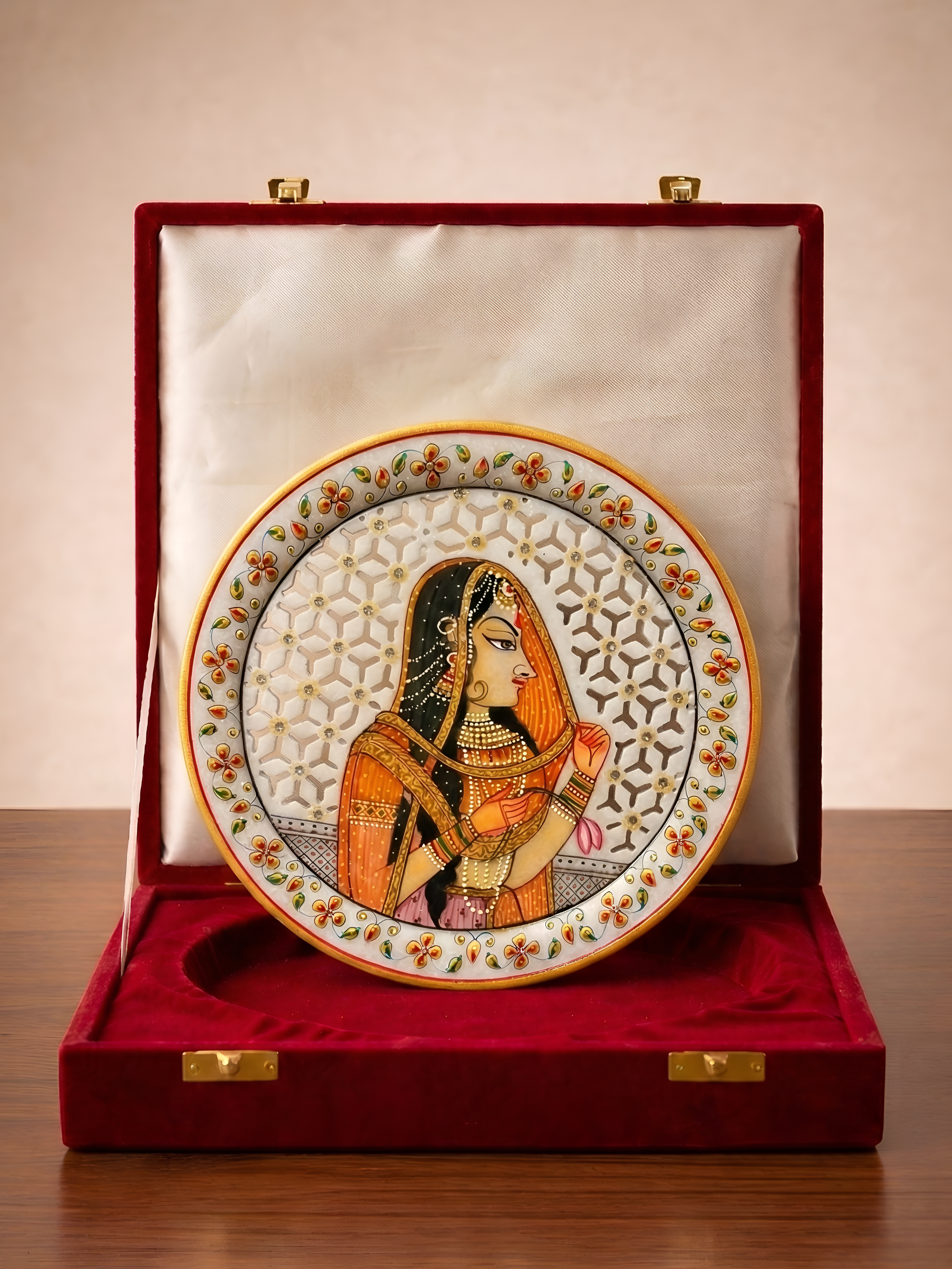 Veiled Grace of Rajputana – Rajasthani Miniature Marble Plate