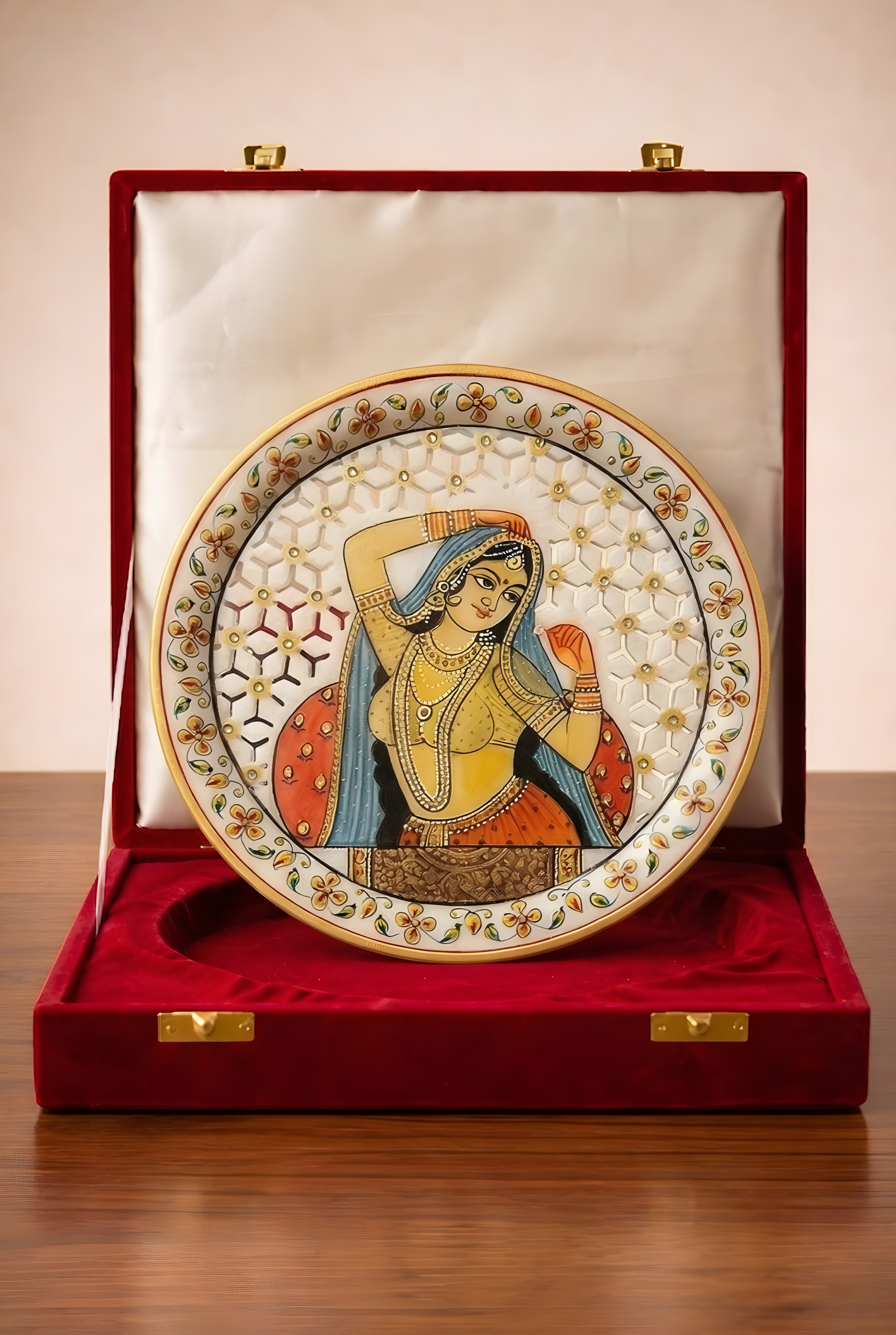 Grace of the Rajput Court – Rajasthani Miniature Marble Plate