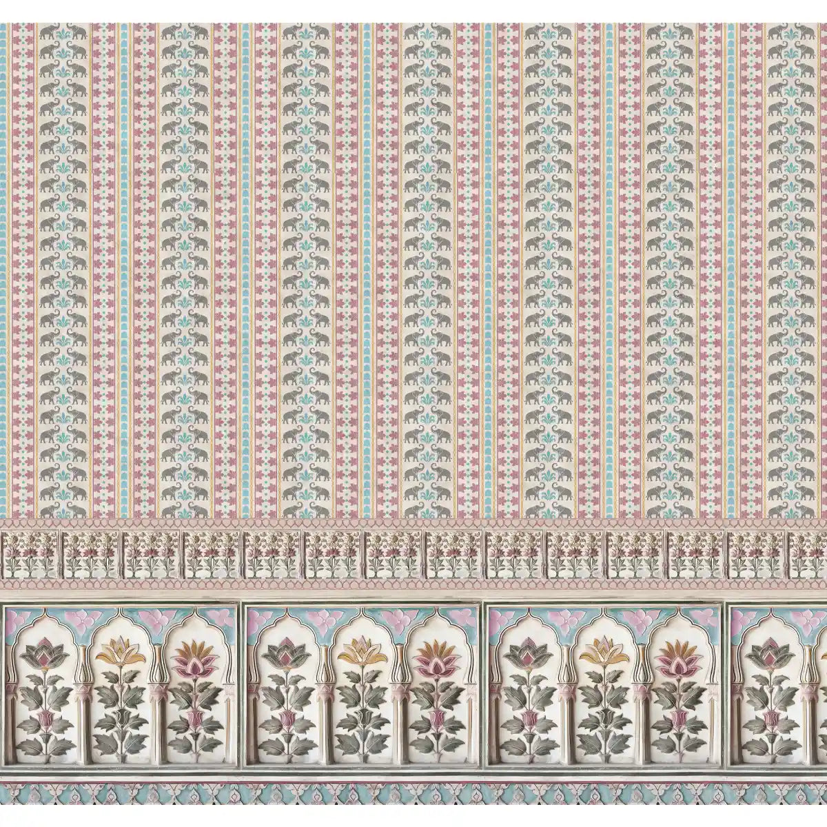 Pushpanjali wallpaper lower border with elephant procession and geometric patterns