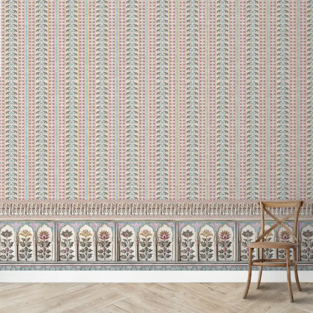 Close-up of Pushpanjali wallpaper showing vertical floral bands and lotus detailing