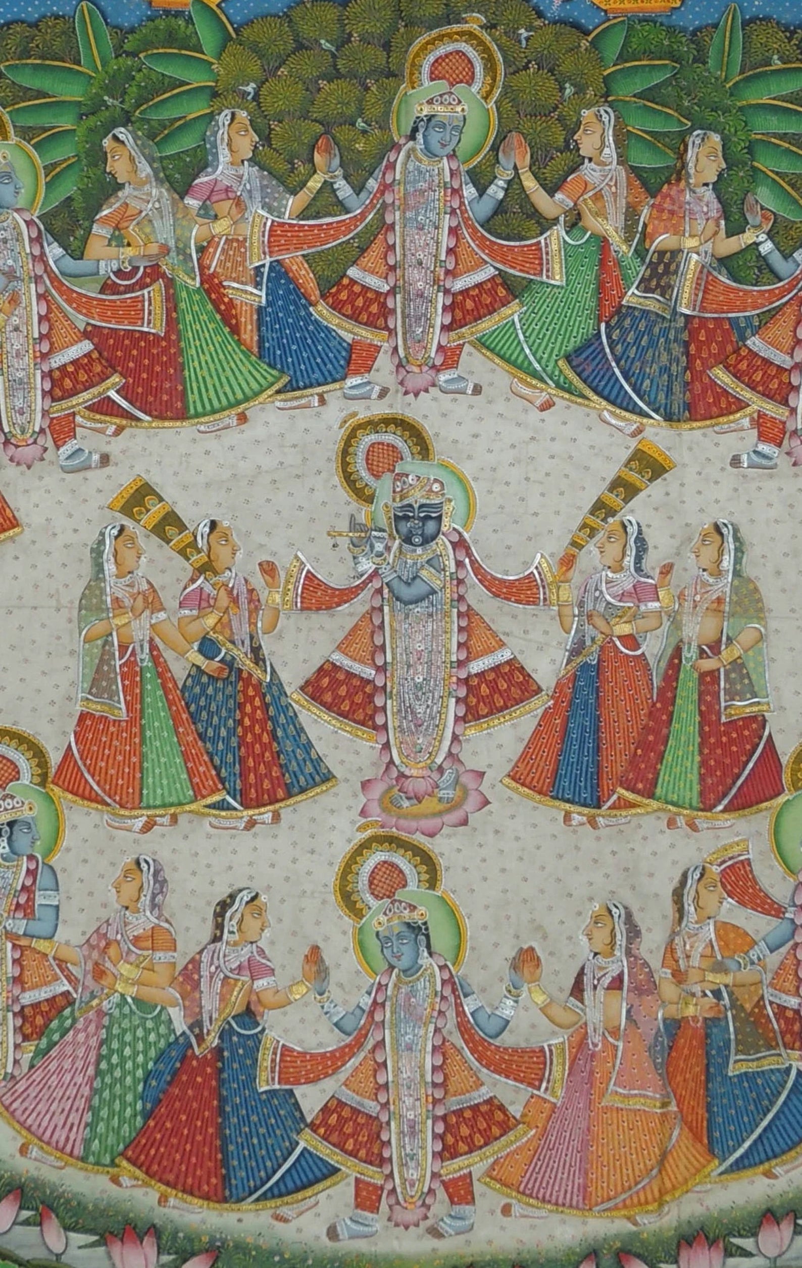Close-up detail of a hand-painted Raas Leela Pichwai highlighting intricate colors and brushwork