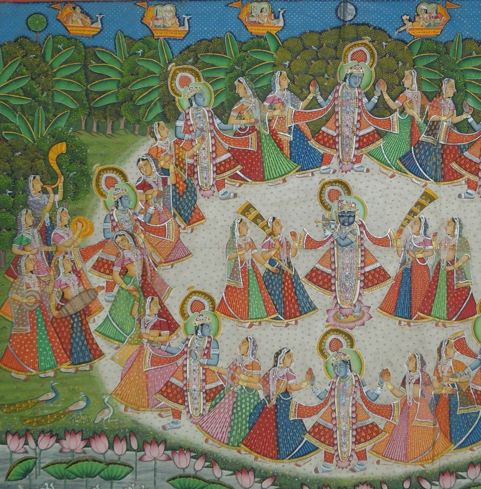 Detailed view of figures in a Shrinathji Raas Leela Pichwai painting
