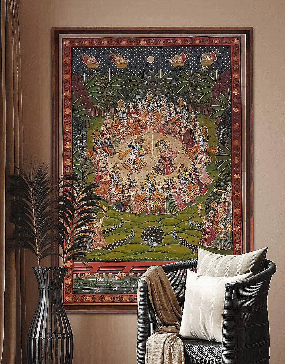 Hand Painted Radha Krishna Pichwai Painting on Cotton - Raas Leela Art