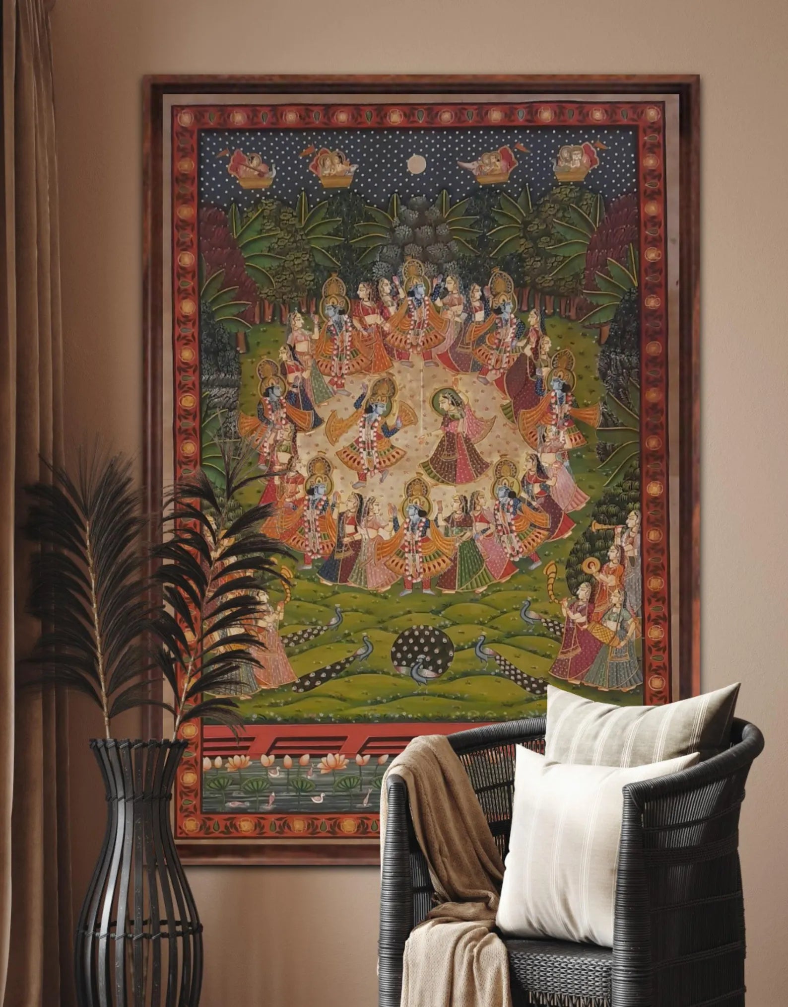 Radha Krishna Raas Leela Pichwai artwork displayed as traditional Indian wall art