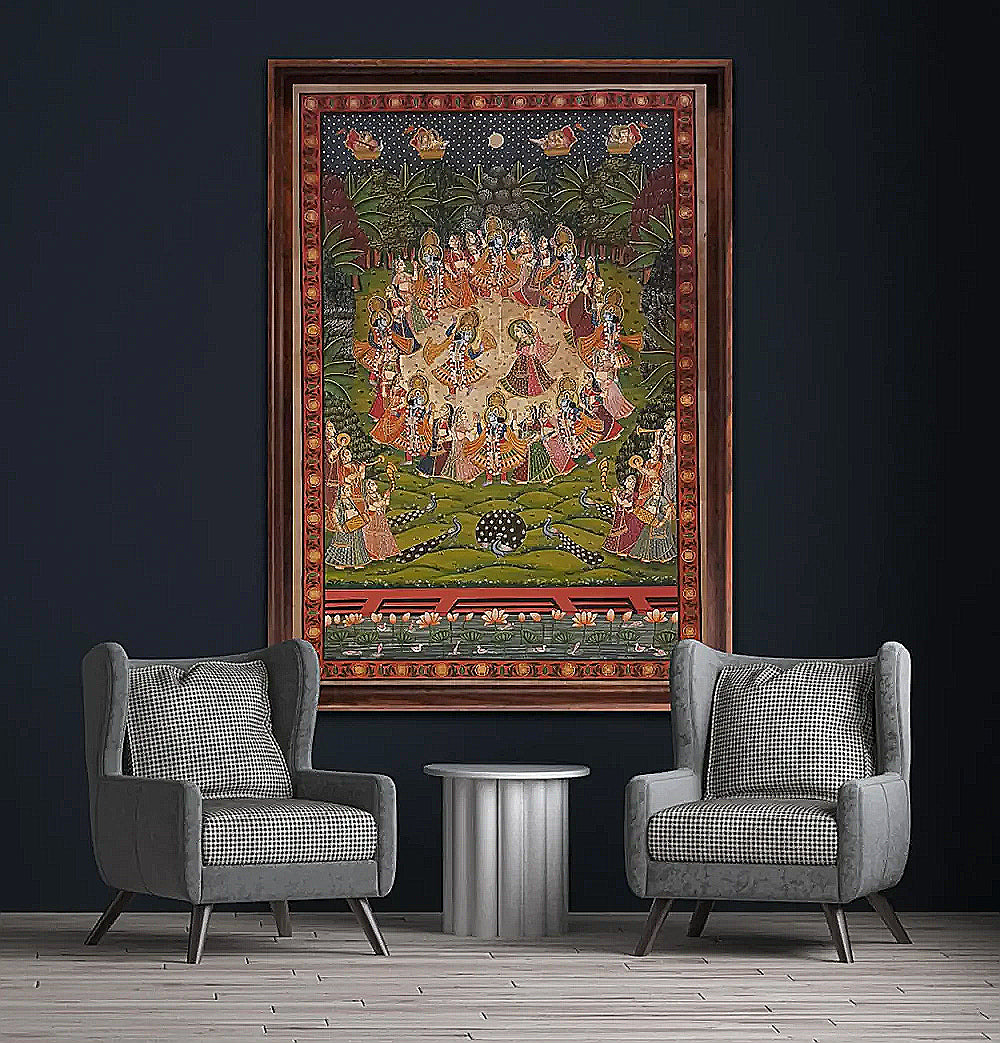 Hand Painted Radha Krishna Pichwai Painting on Cotton - Raas Leela Art