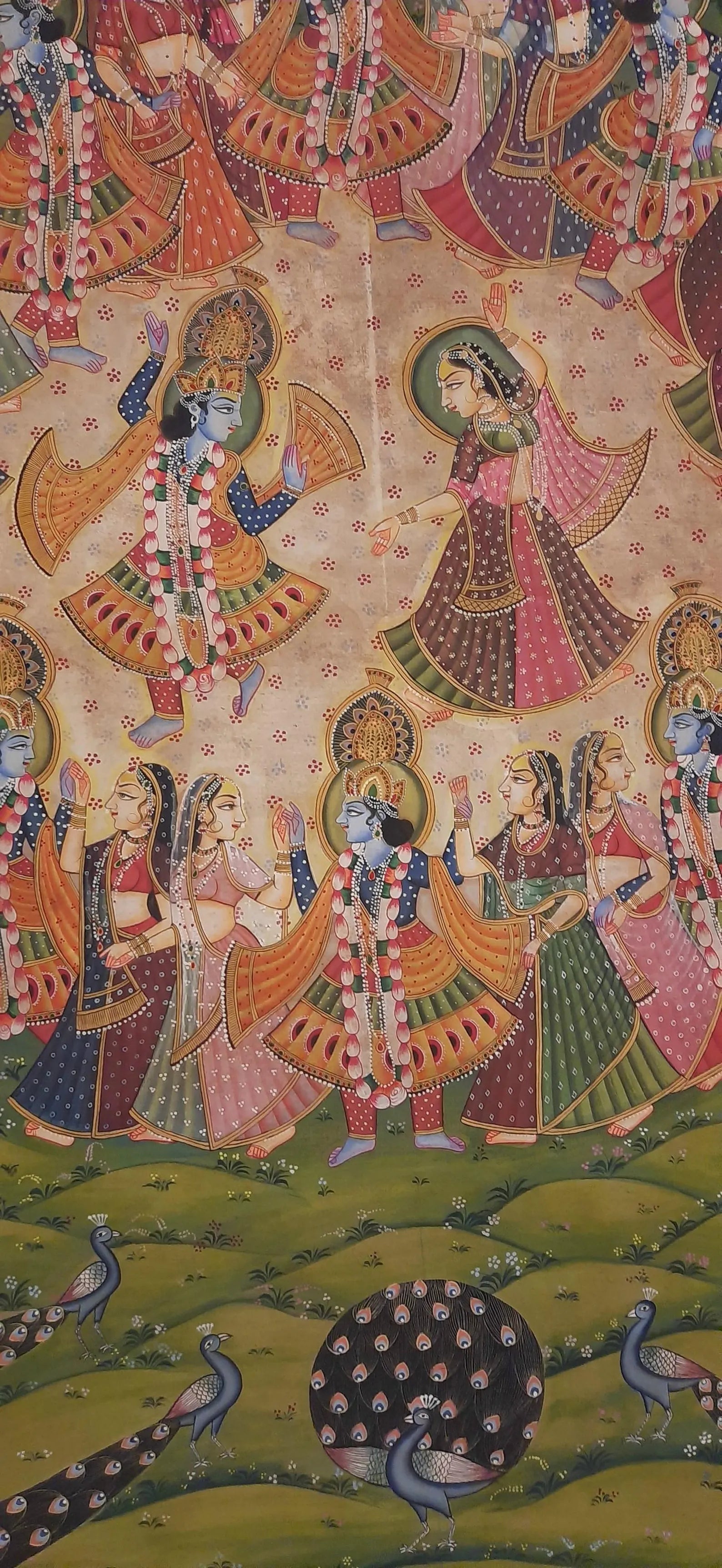 Detailed view of figures and colors in a Radha Krishna Raas Leela Pichwai painting