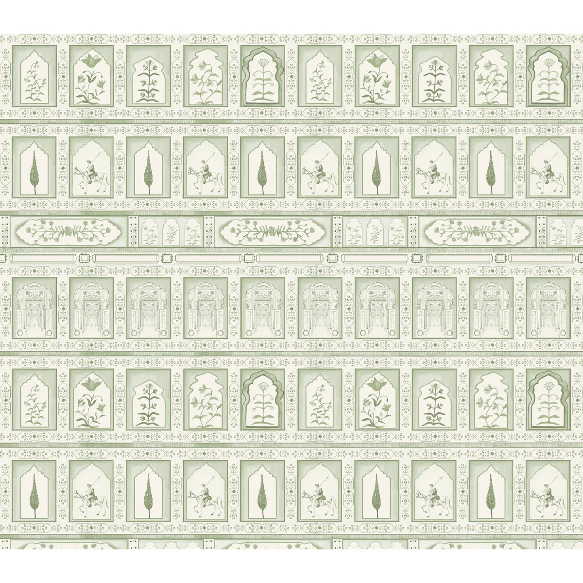 Traditional Mughal panel wallpaper with repeating arched frames and botanical detailing, inspired by Rajasthani and Mughal palace walls.