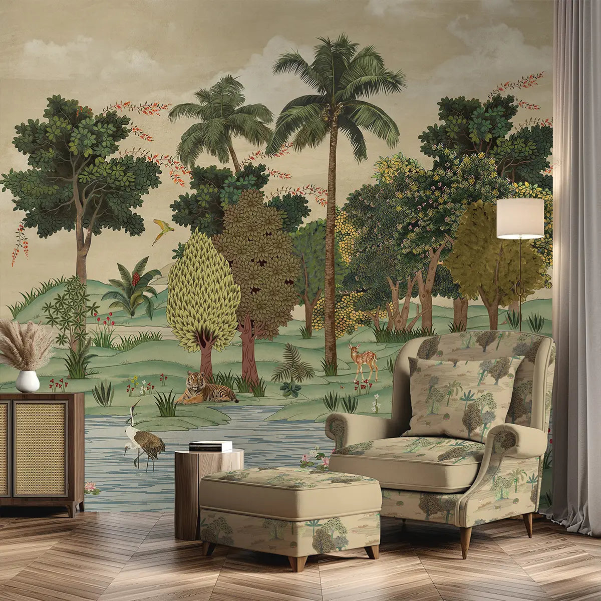 Ranthambore wildlife wallpaper mural depicting a tropical forest landscape with banyan trees, deer, and birds