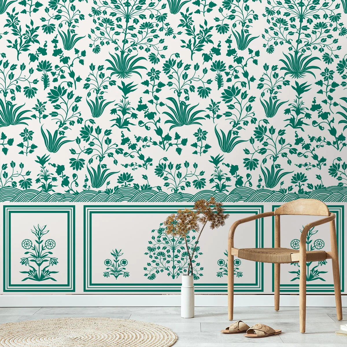 Mughal-inspired floral wallpaper with ornate Indian botanical motifs, showcasing royal heritage patterns drawn from Rajasthani and palace wall art.