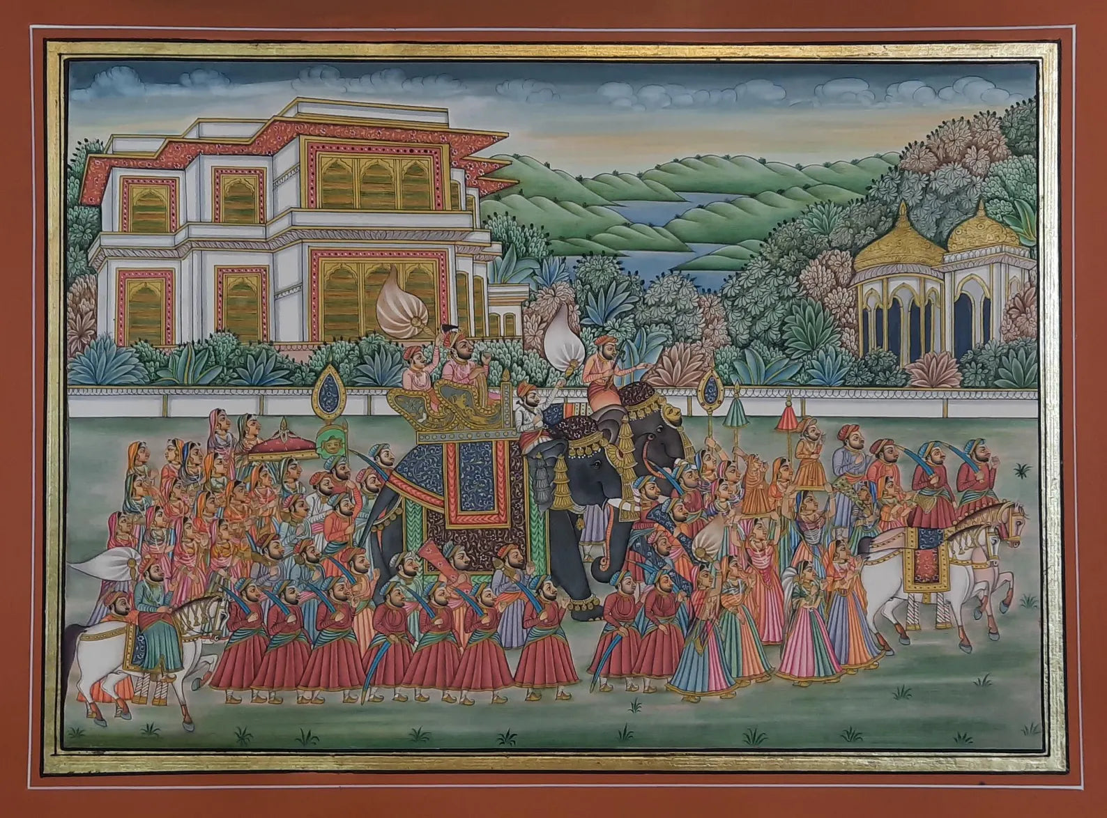 Indian miniature painting depicting a royal Maharaja procession with elephants, courtiers and ceremonial detail