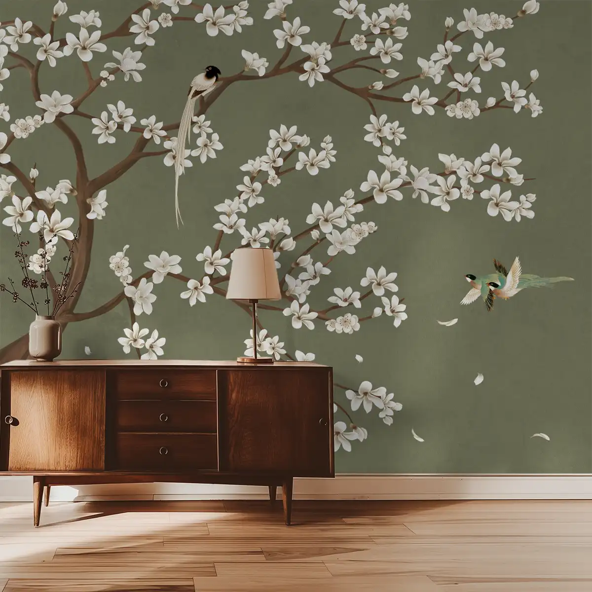 Saanjh Imperial chinoiserie wallpaper featuring regal botanical motifs, elegant birds, and a rich imperial inspired color palette