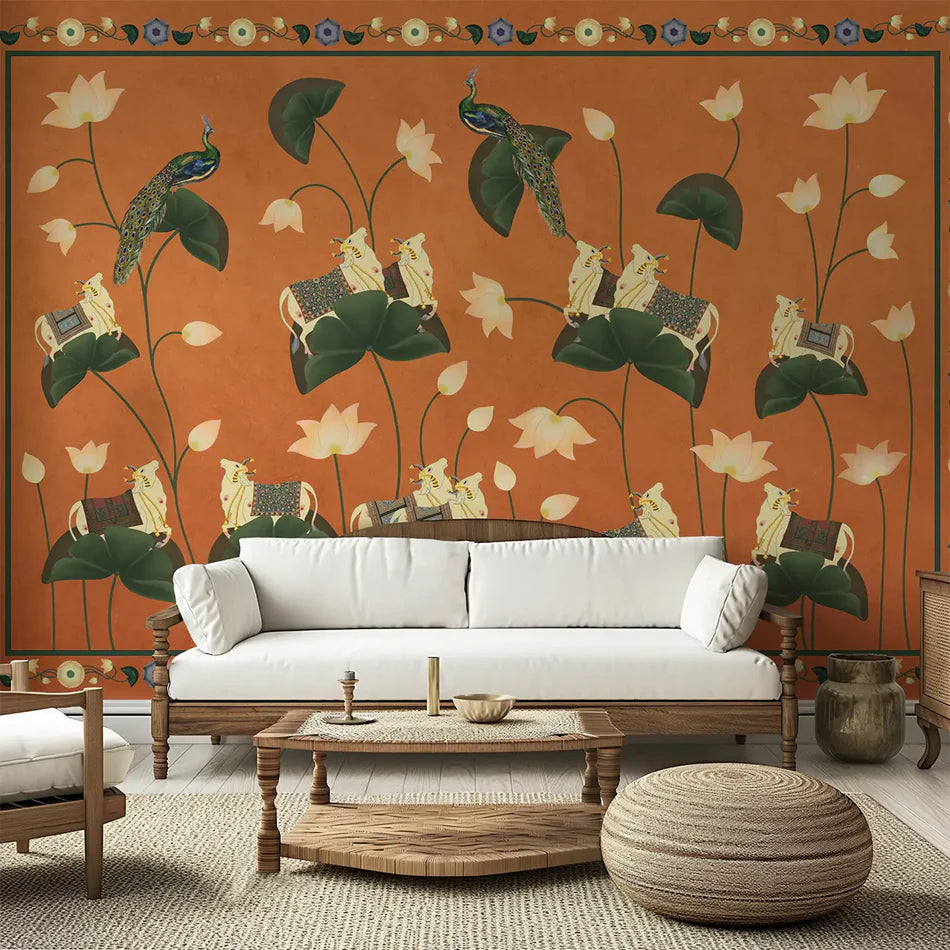 Sacred Blooms Pichwai Ochre Wallpaper - customized animal wallpaper with peacocks and surabhi cows 