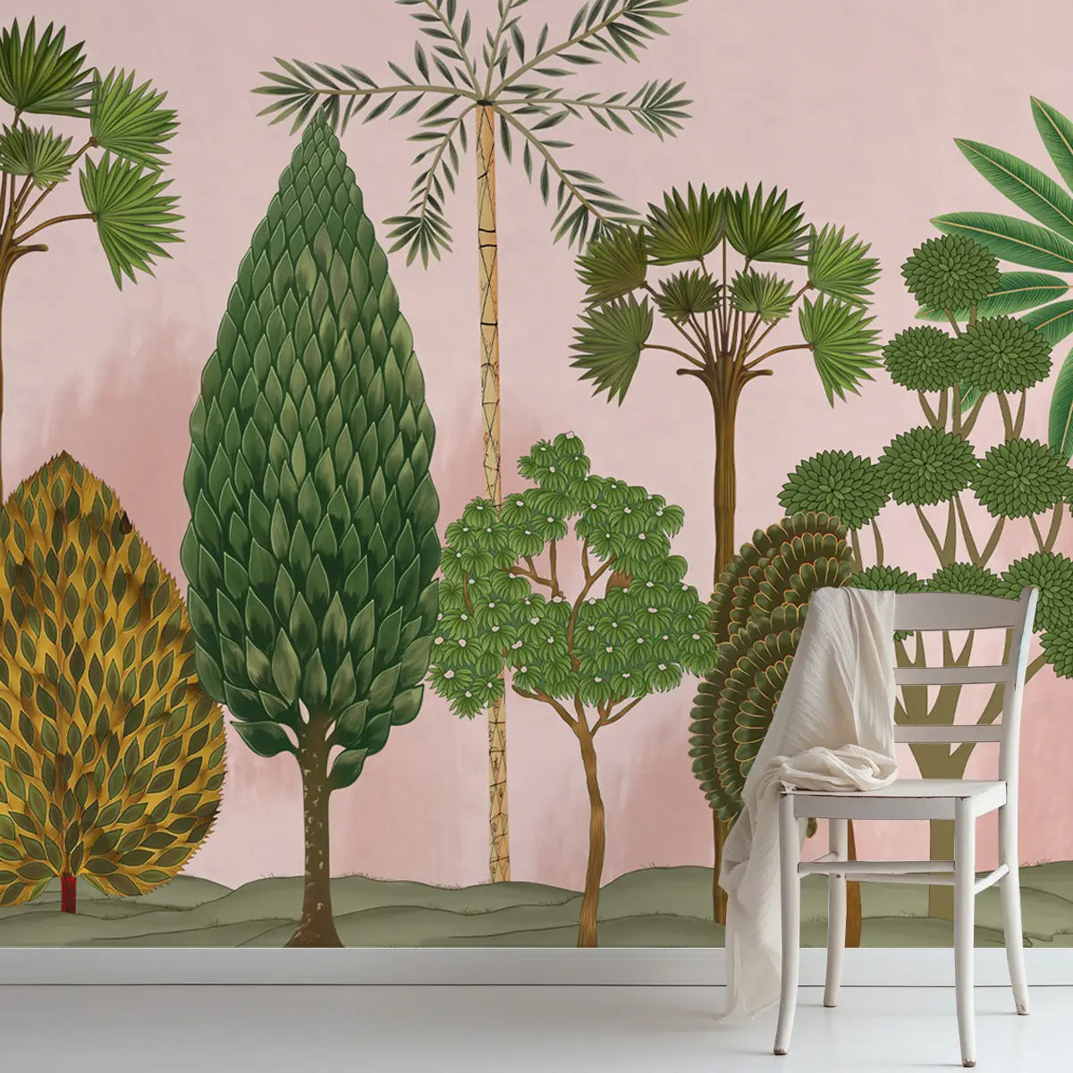 Sacred grove inspired wall design featuring Shanti motifs with calm greenery and a peaceful, spiritually grounded aesthetic