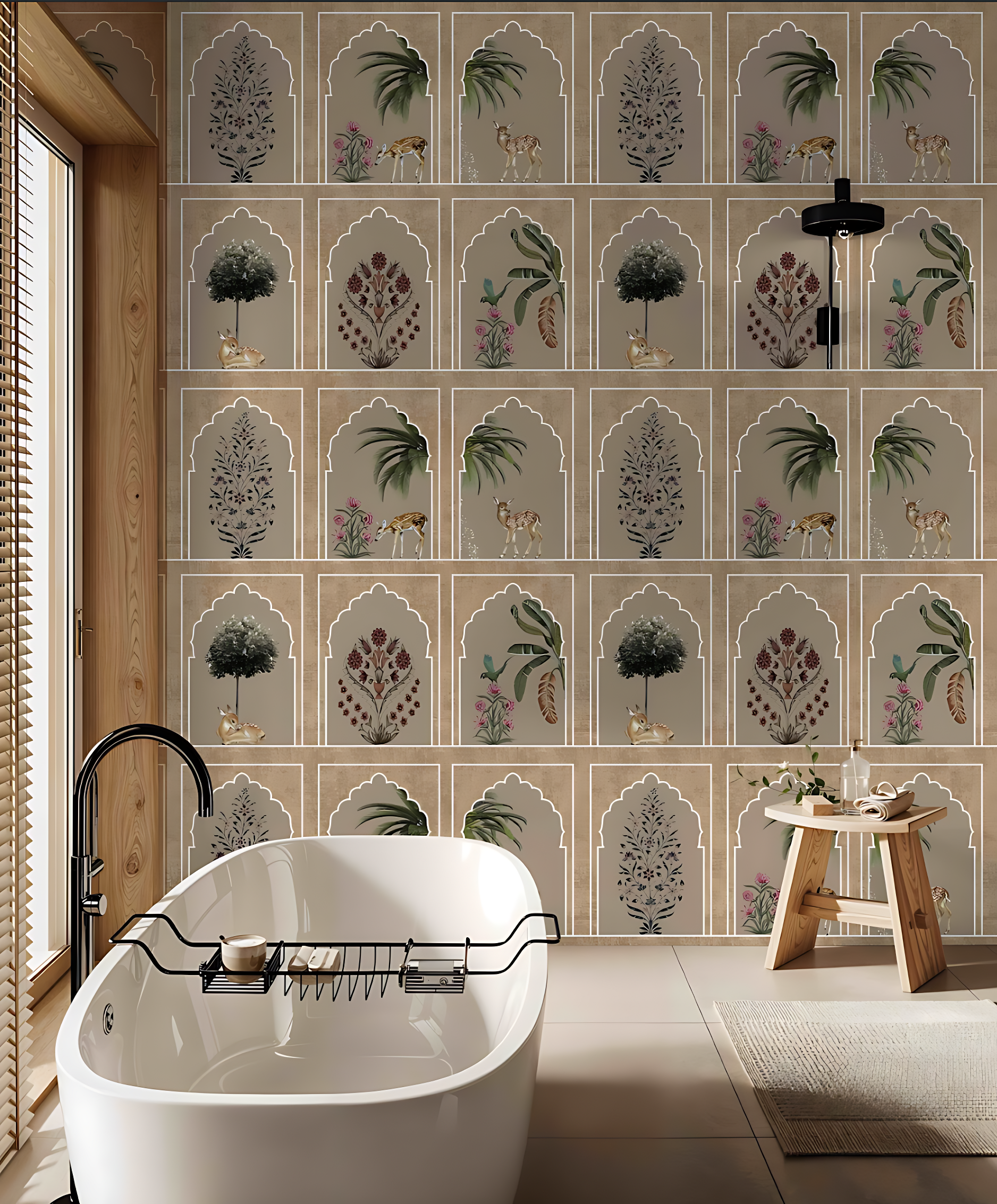 Traditional Indian arch pattern wallpaper featuring carved jharokha forms and soft floral accents