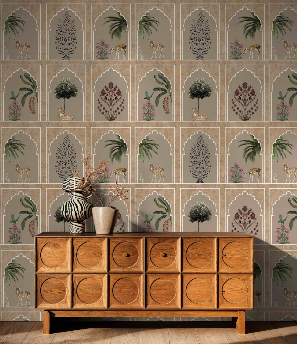 Indian heritage wallpaper showcasing carved arch patterns inspired by palace interiors