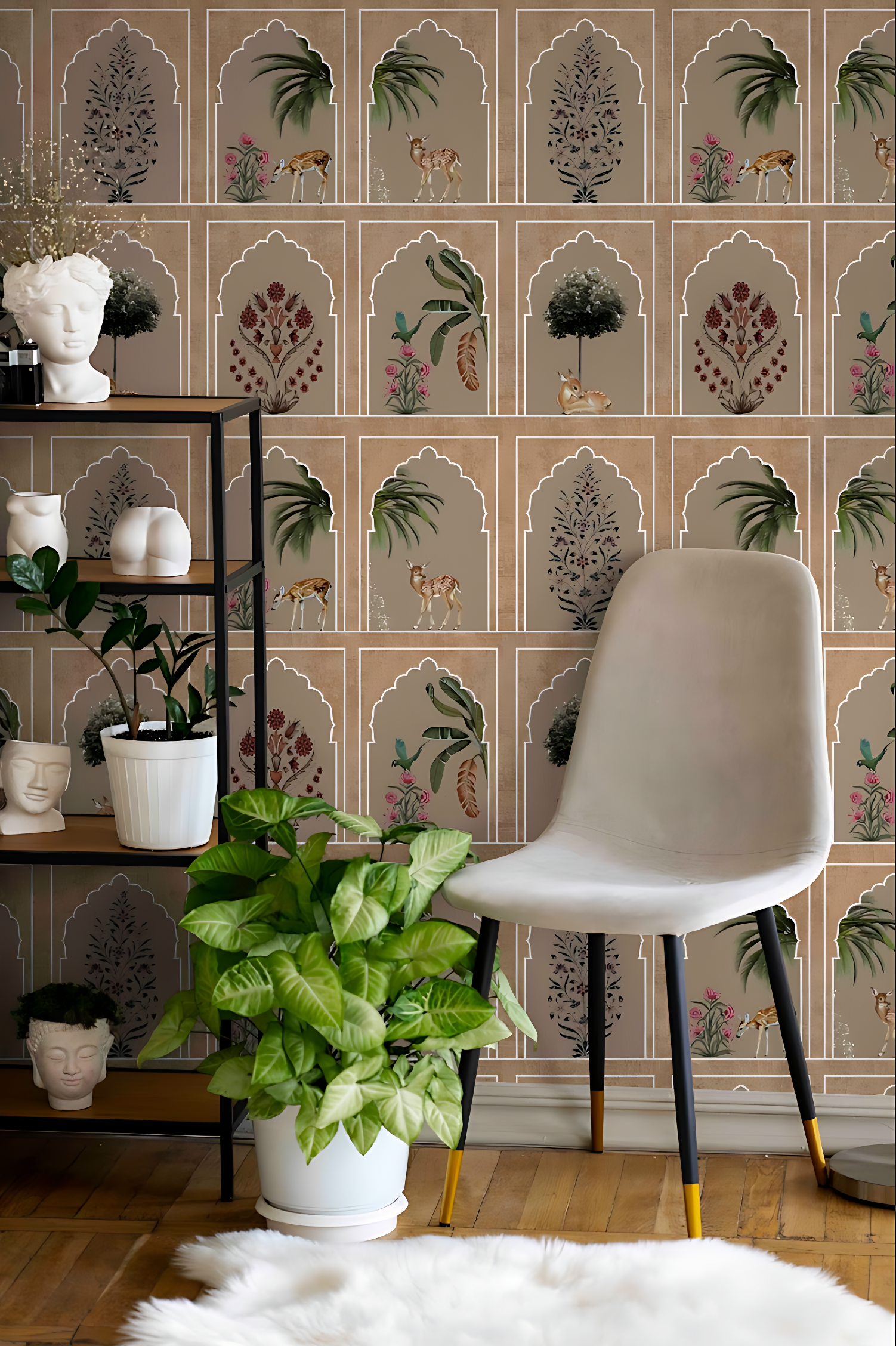 Rajasthani heritage wallpaper with symmetrical jharokha arches and botanical ornamentation