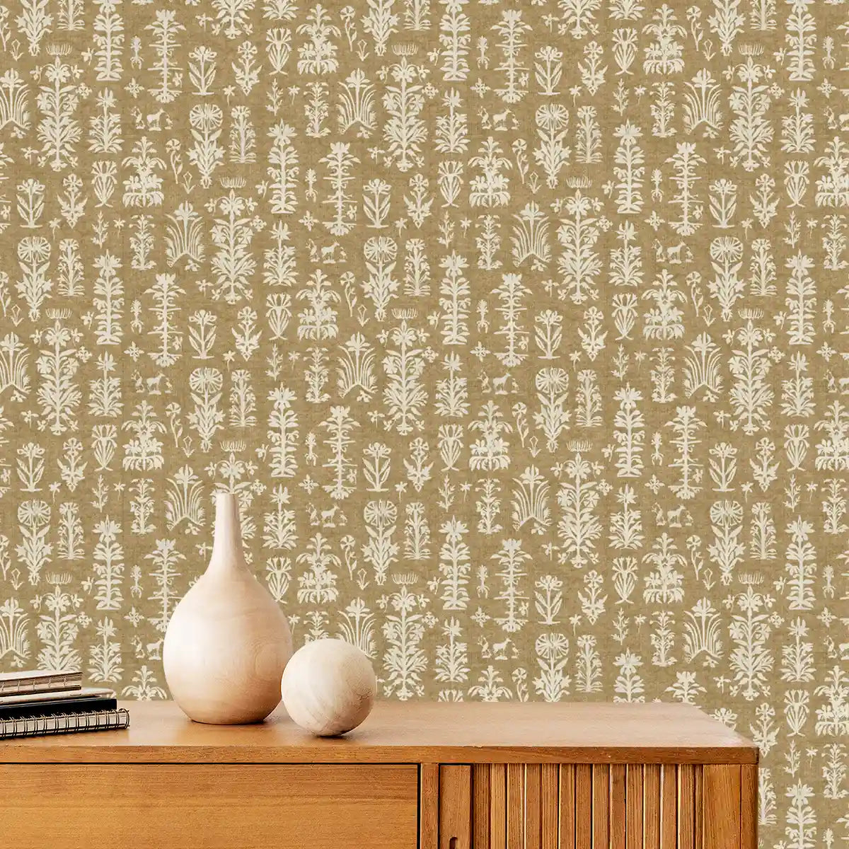 Serene abstract wall design featuring Manoratha motifs in warm mustard tones with a calm, modern artistic balance