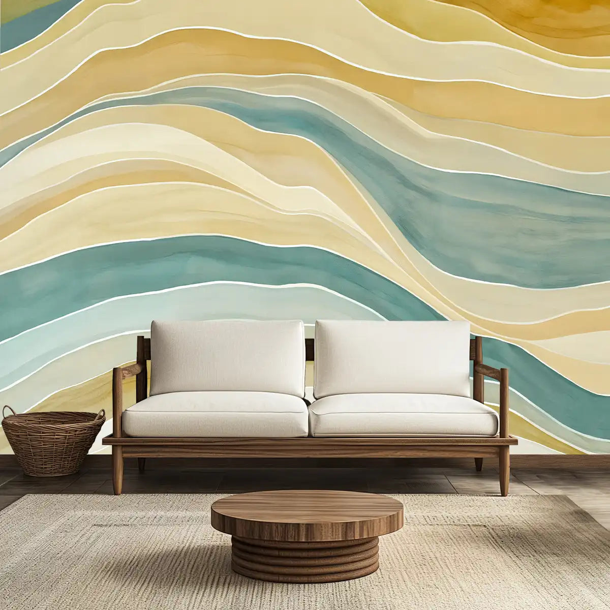Watercolor wave wall mural styled as a living room wallpaper, creating a calm coastal accent wall with flowing ocean-inspired design.