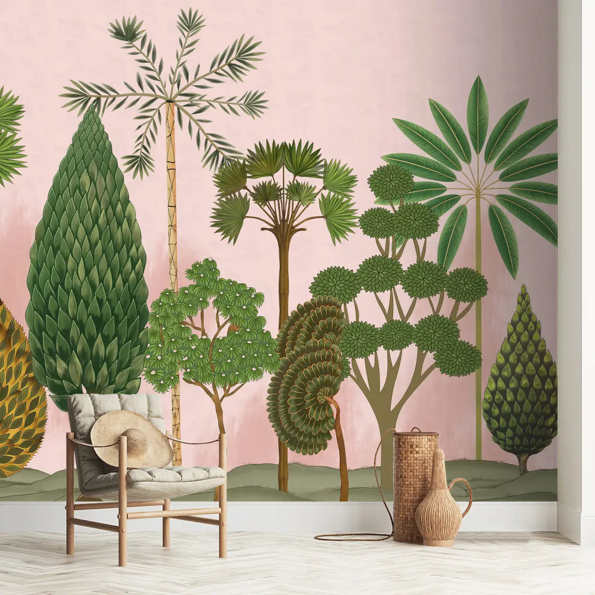 Serene wall design inspired by Shanti, showcasing gentle foliage and a tranquil nature based composition
